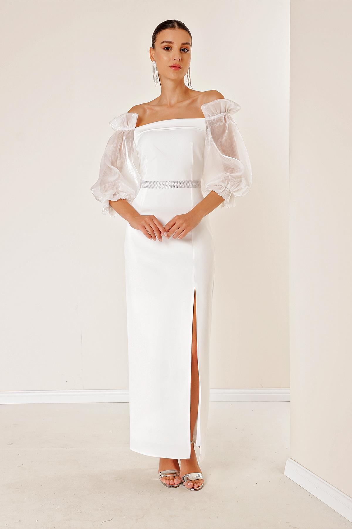 S-23K0230027Waist Belted Organza Long Sleeves Square Neck Front Slit Dress Black