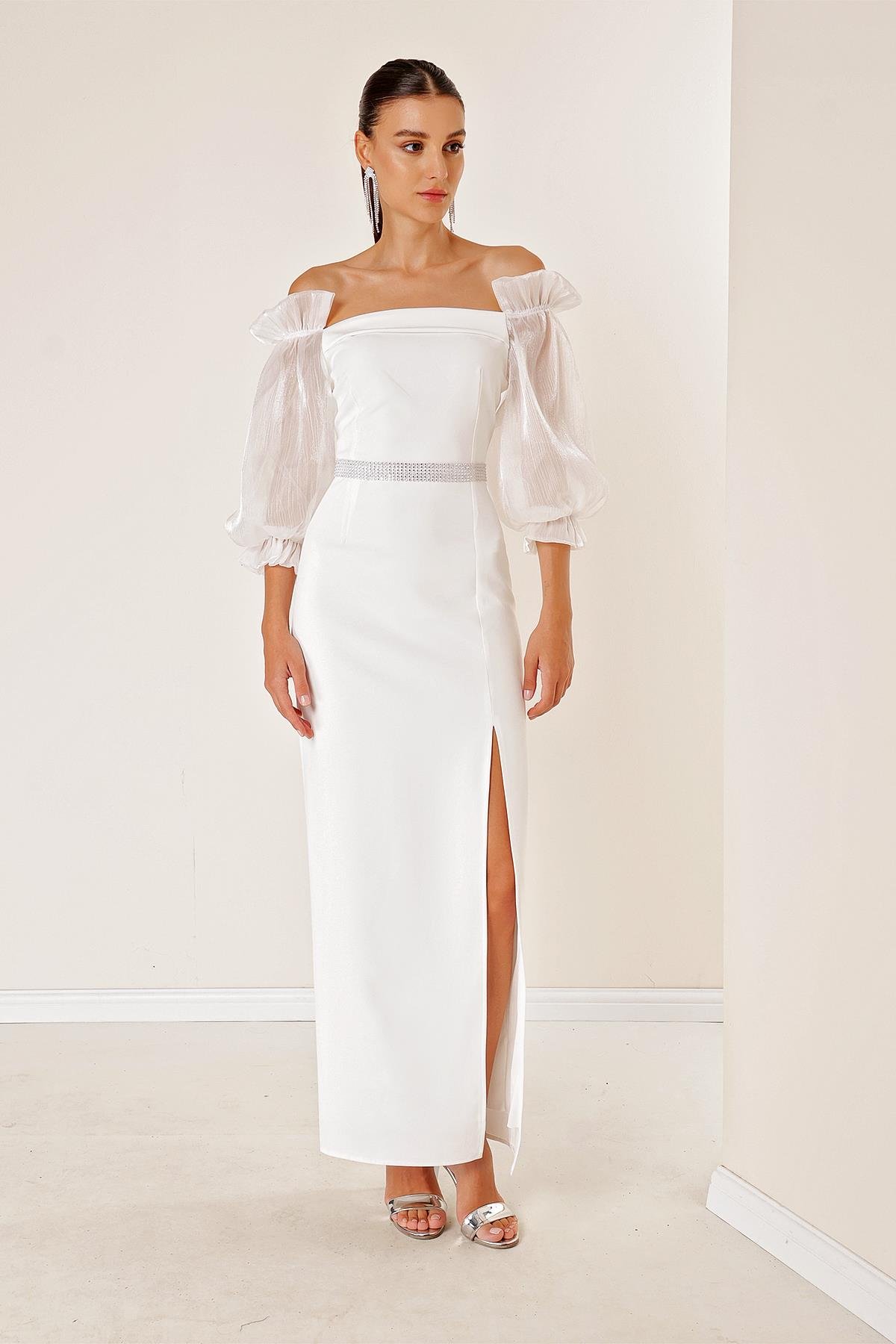 S-23K0230027Waist Belted Organza Long Sleeves Square Neck Front Slit Dress Black