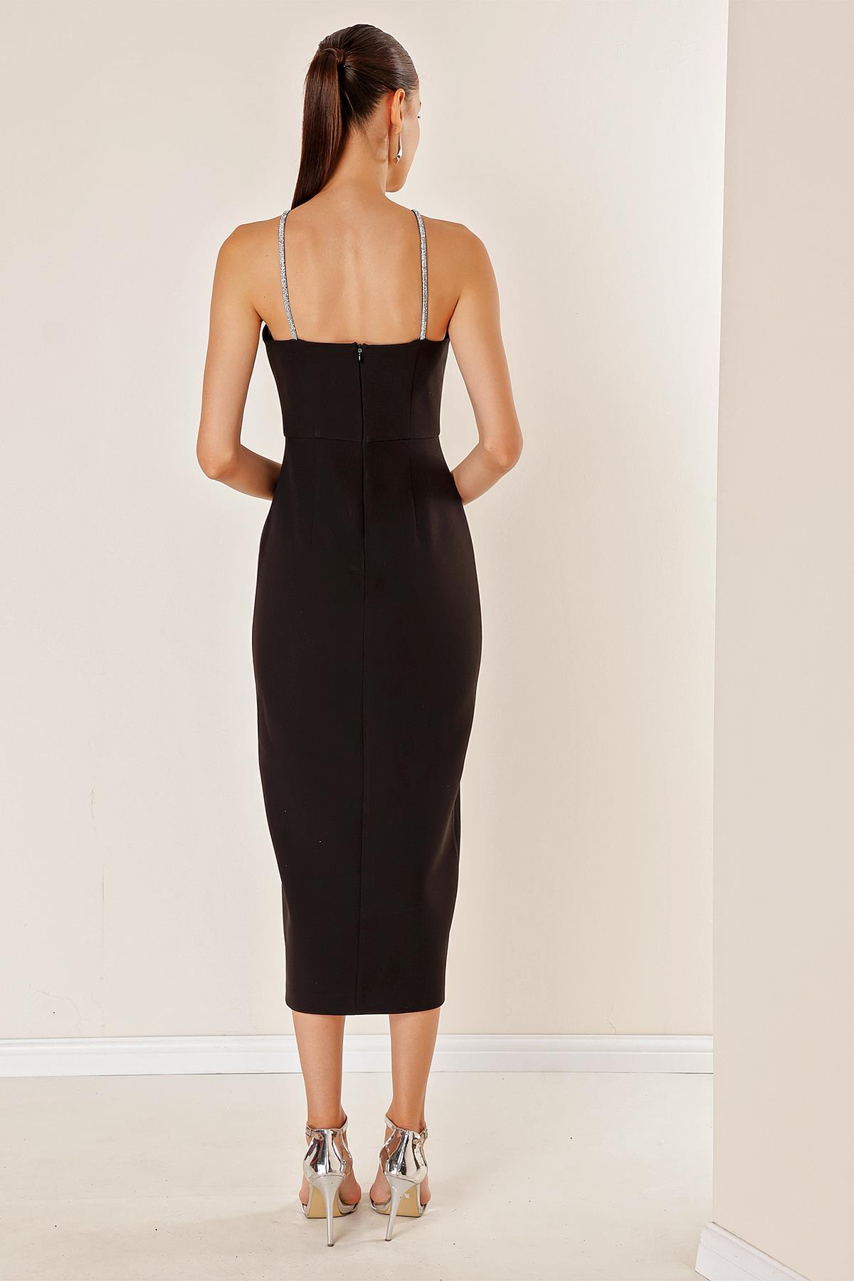 S-23K0230035Detailed Crepe Front Slit Evening Dress Tulle Covered Stone