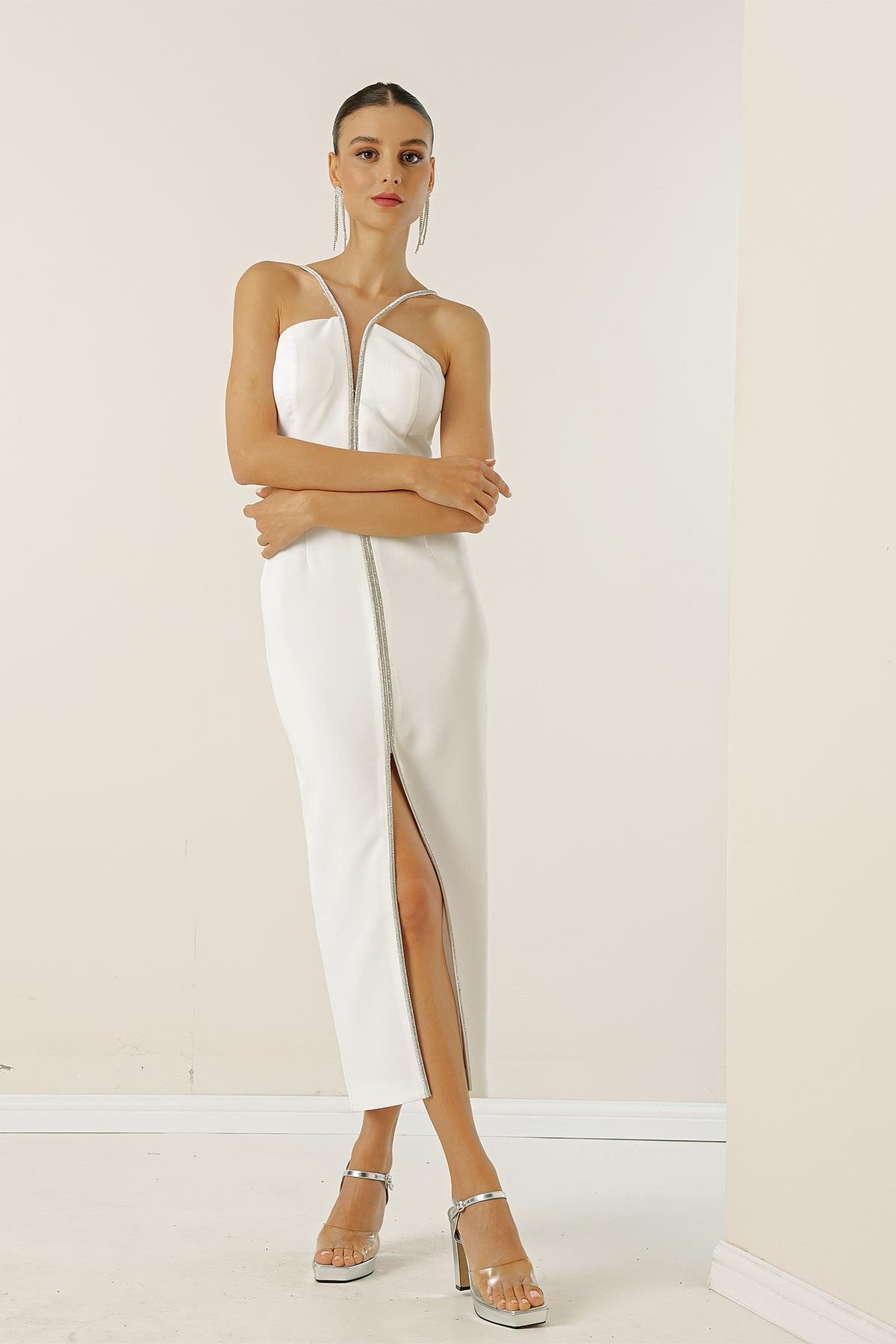 S-23K0230035Detailed Crepe Front Slit Evening Dress Tulle Covered Stone