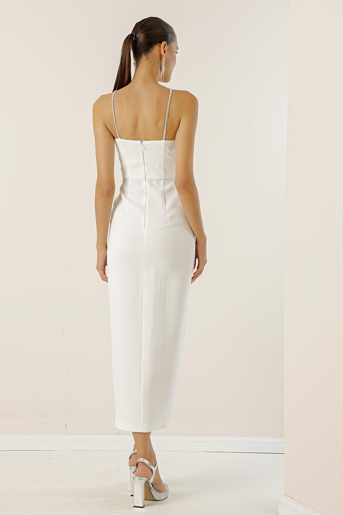 S-23K0230035Detailed Crepe Front Slit Evening Dress Tulle Covered Stone