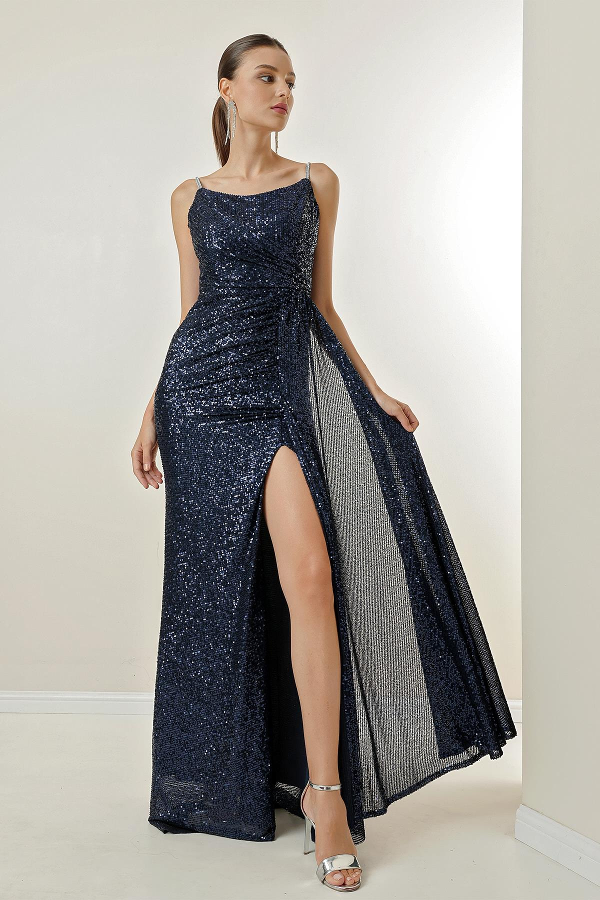 S-23K0230037Strapped flowy front slit long dress in light grey lined