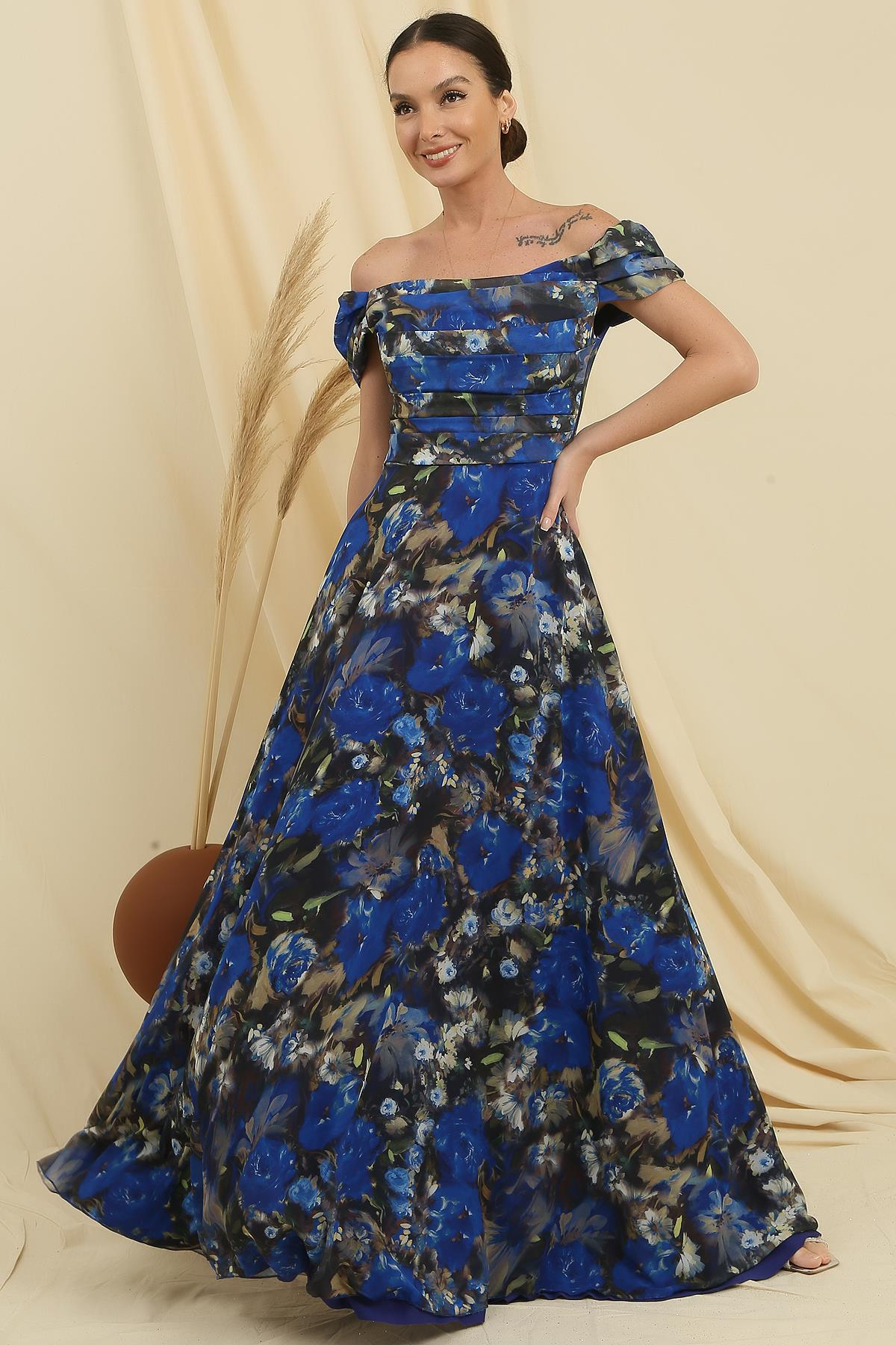 S-23K0230048Floral Print Long Chiffon Dress Lined The Front Of The Collar Drape Madonna