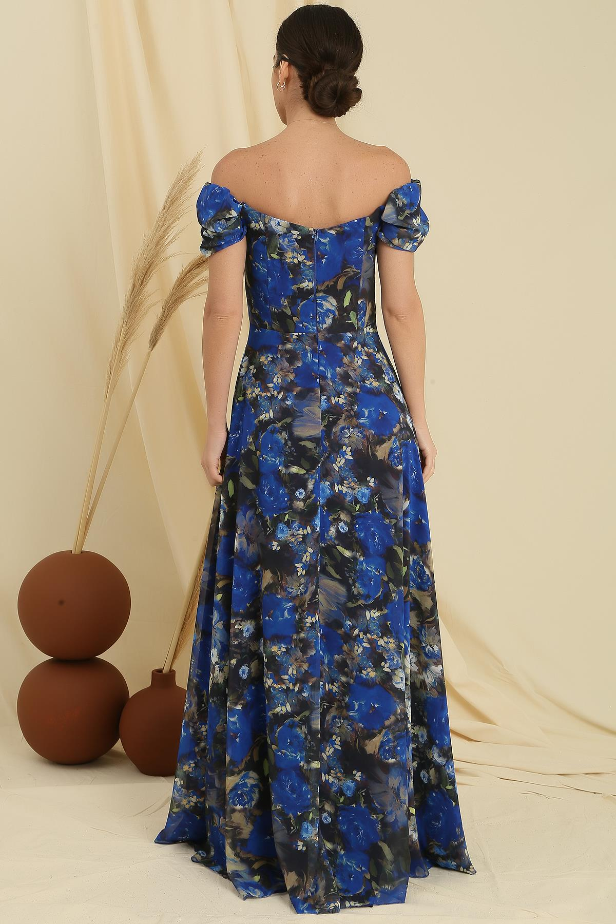 S-23K0230048Floral Print Long Chiffon Dress Lined The Front Of The Collar Drape Madonna