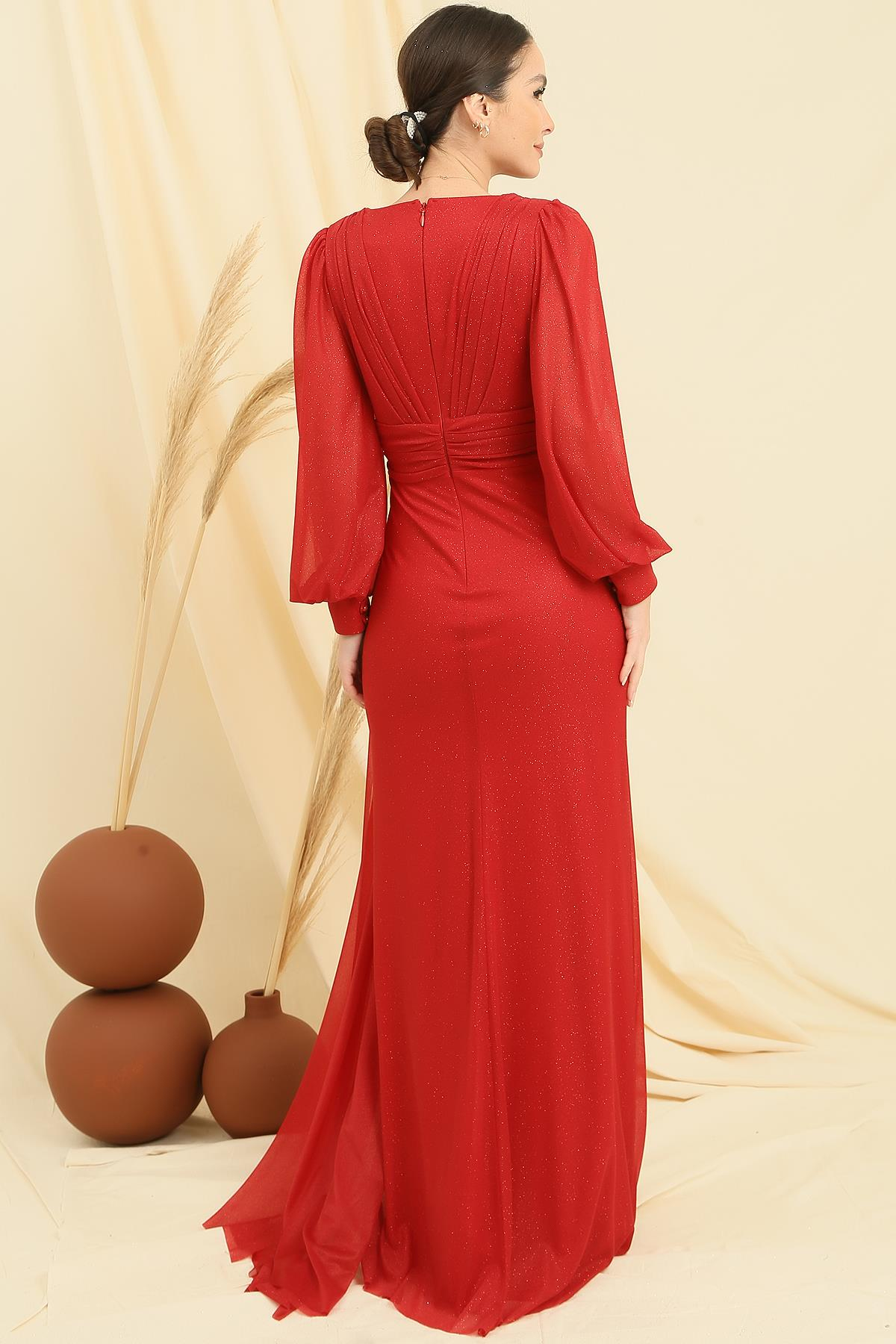 S-23K0230051Kruvaze Yaka Kolları Düğmeli Astarlı Mendilli Simli Uzun Elbise