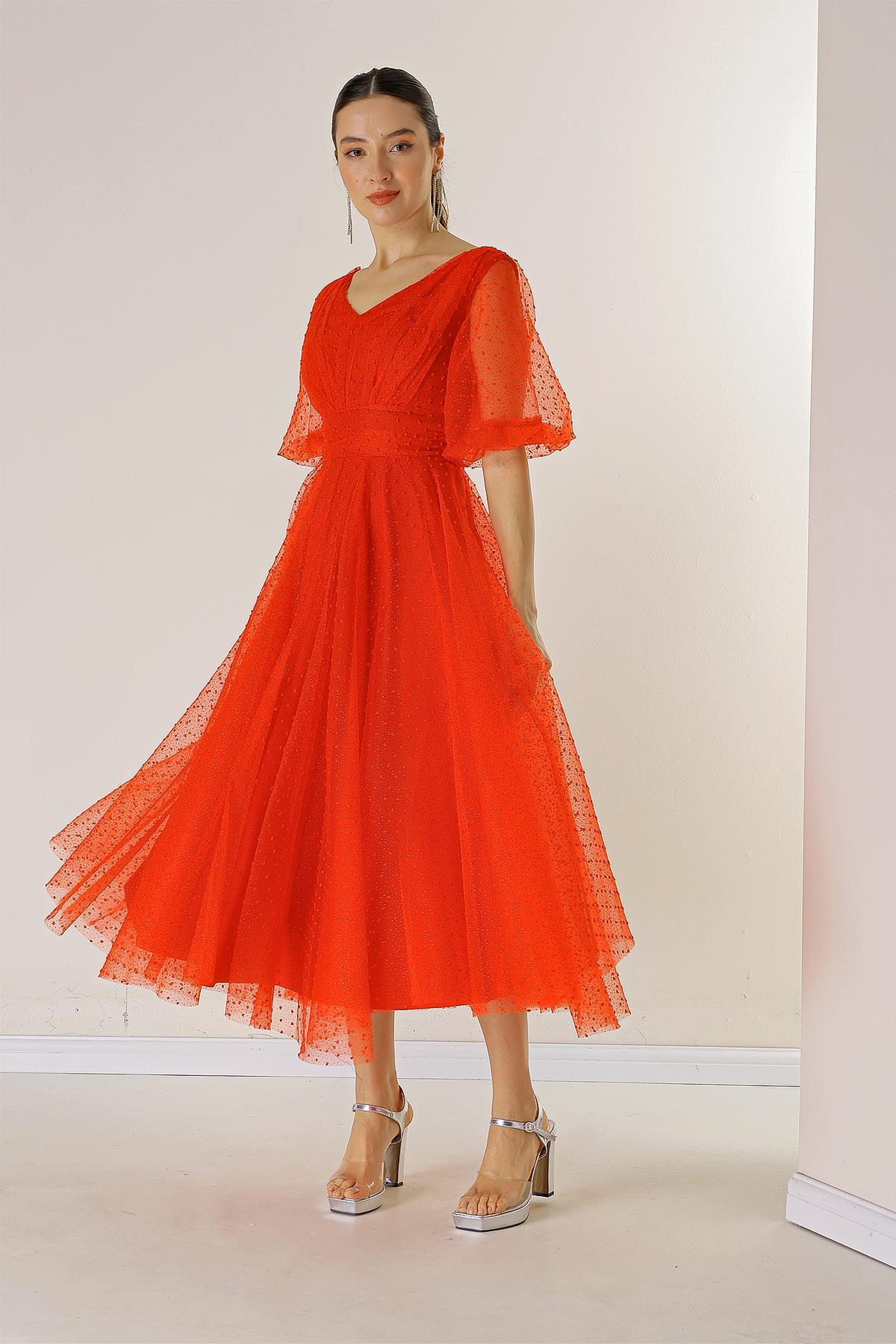 S-23K0230062Front And Rear V-Neck Short Balloon Sleeves Dress Silvery Coated Fabric Dahlia Bud Pattern