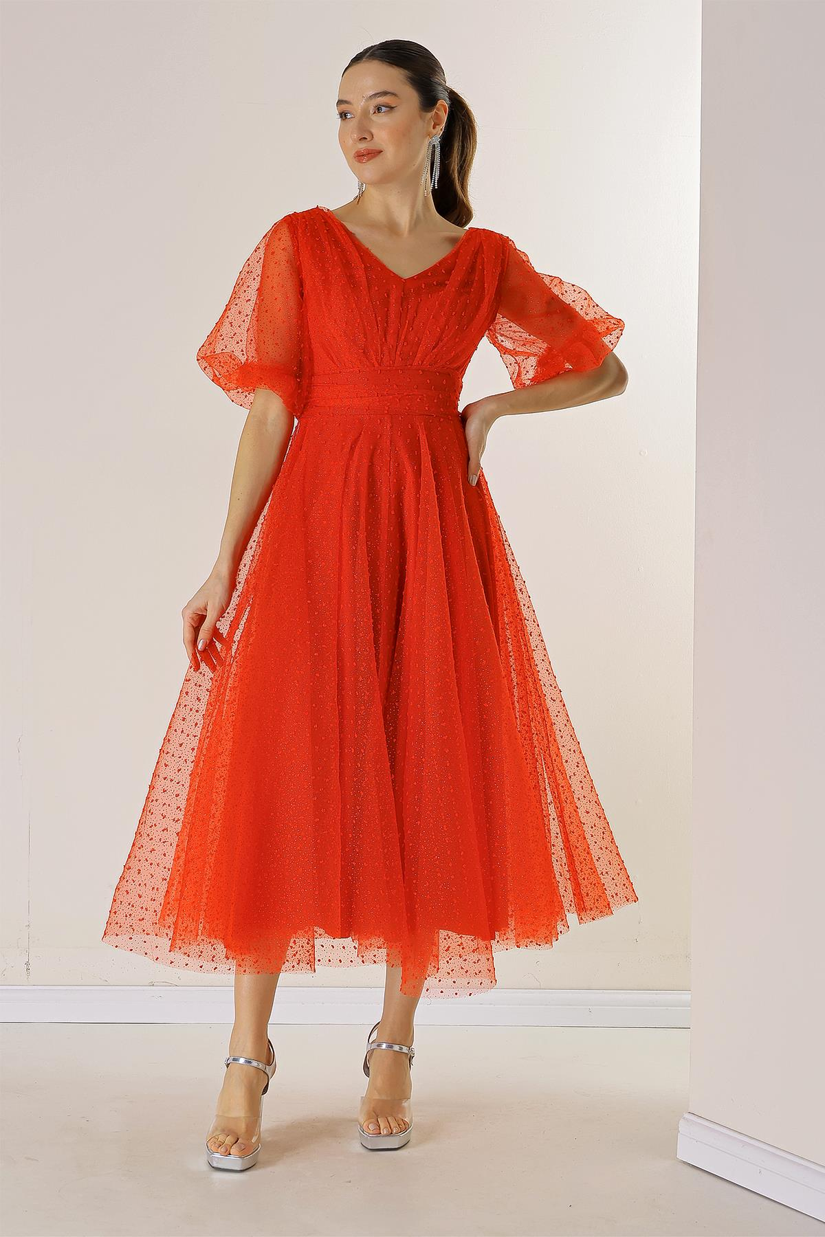 S-23K0230062Front And Rear V-Neck Short Balloon Sleeves Dress Silvery Coated Fabric Dahlia Bud Pattern