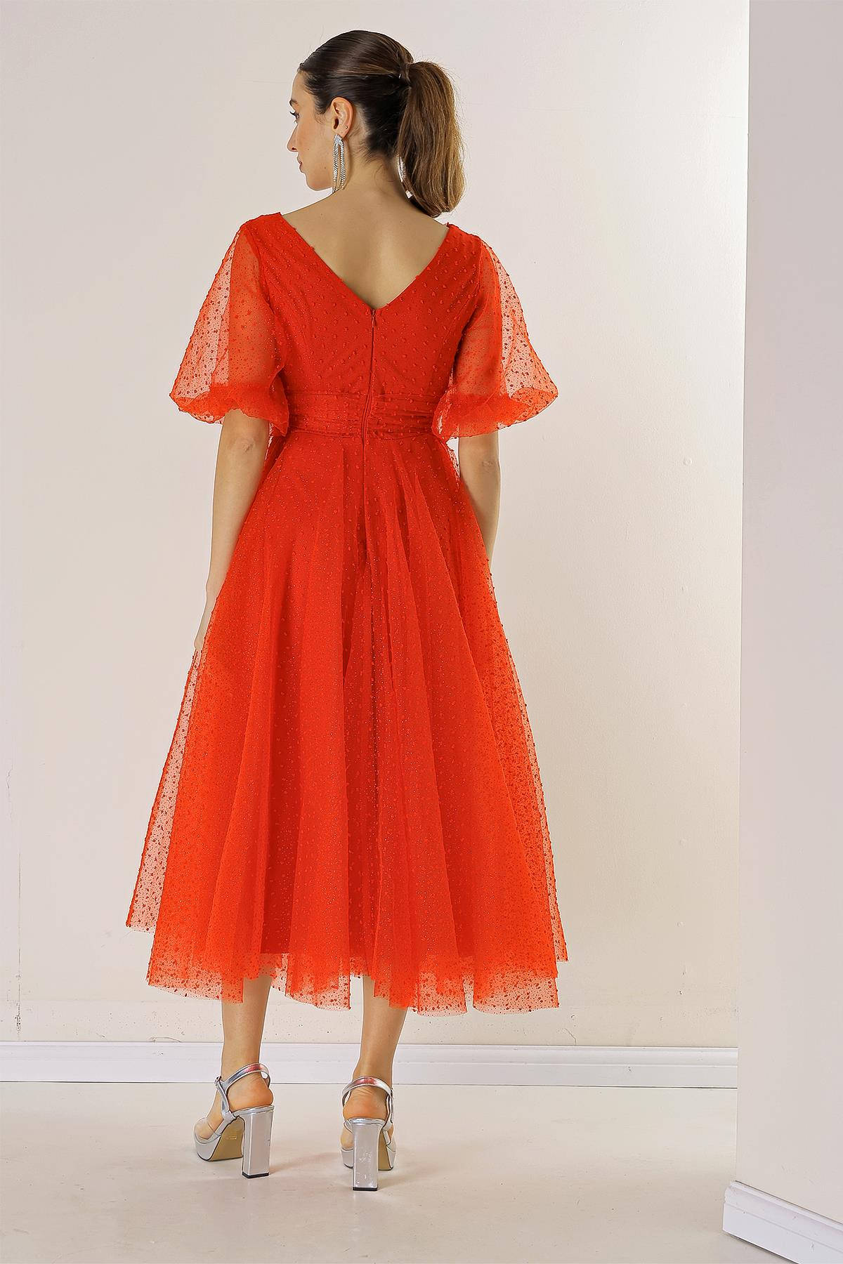 S-23K0230062Front And Rear V-Neck Short Balloon Sleeves Dress Silvery Coated Fabric Dahlia Bud Pattern