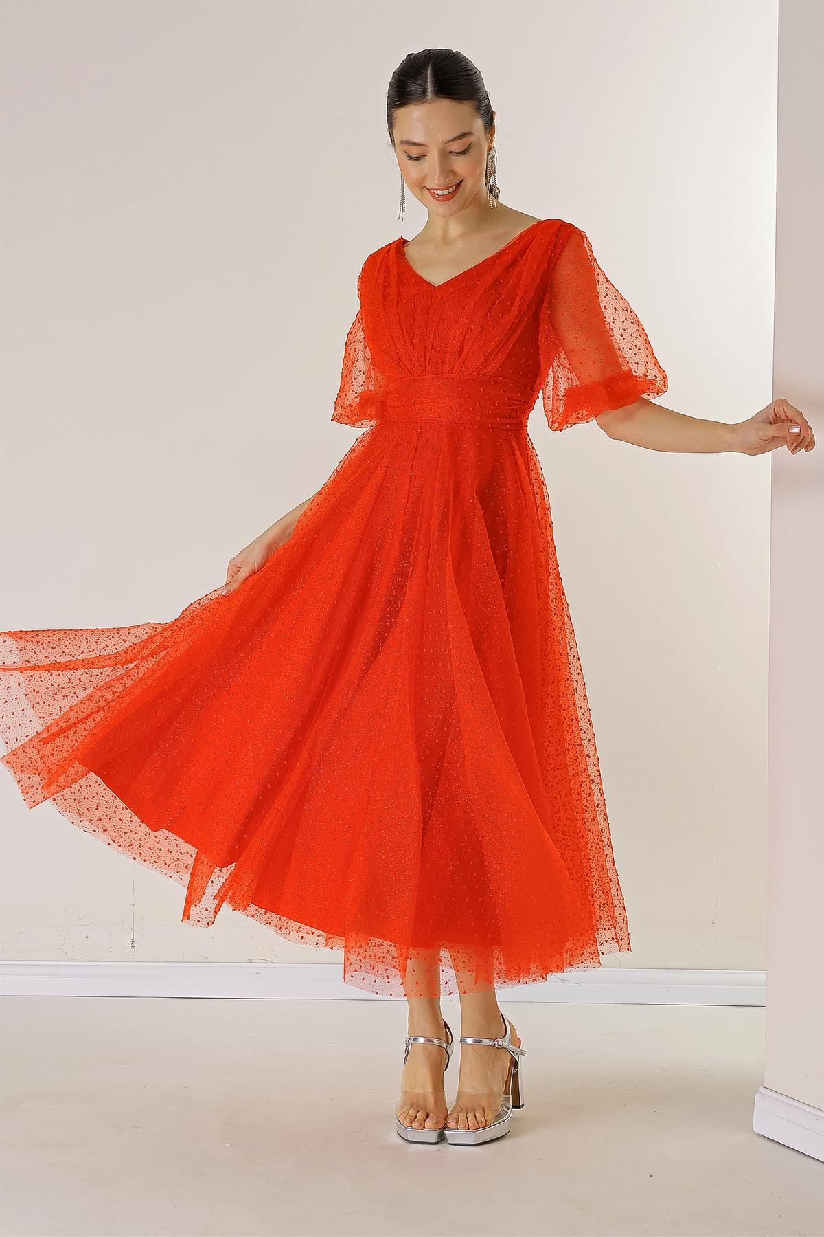 S-23K0230062Front And Rear V-Neck Short Balloon Sleeves Dress Silvery Coated Fabric Dahlia Bud Pattern