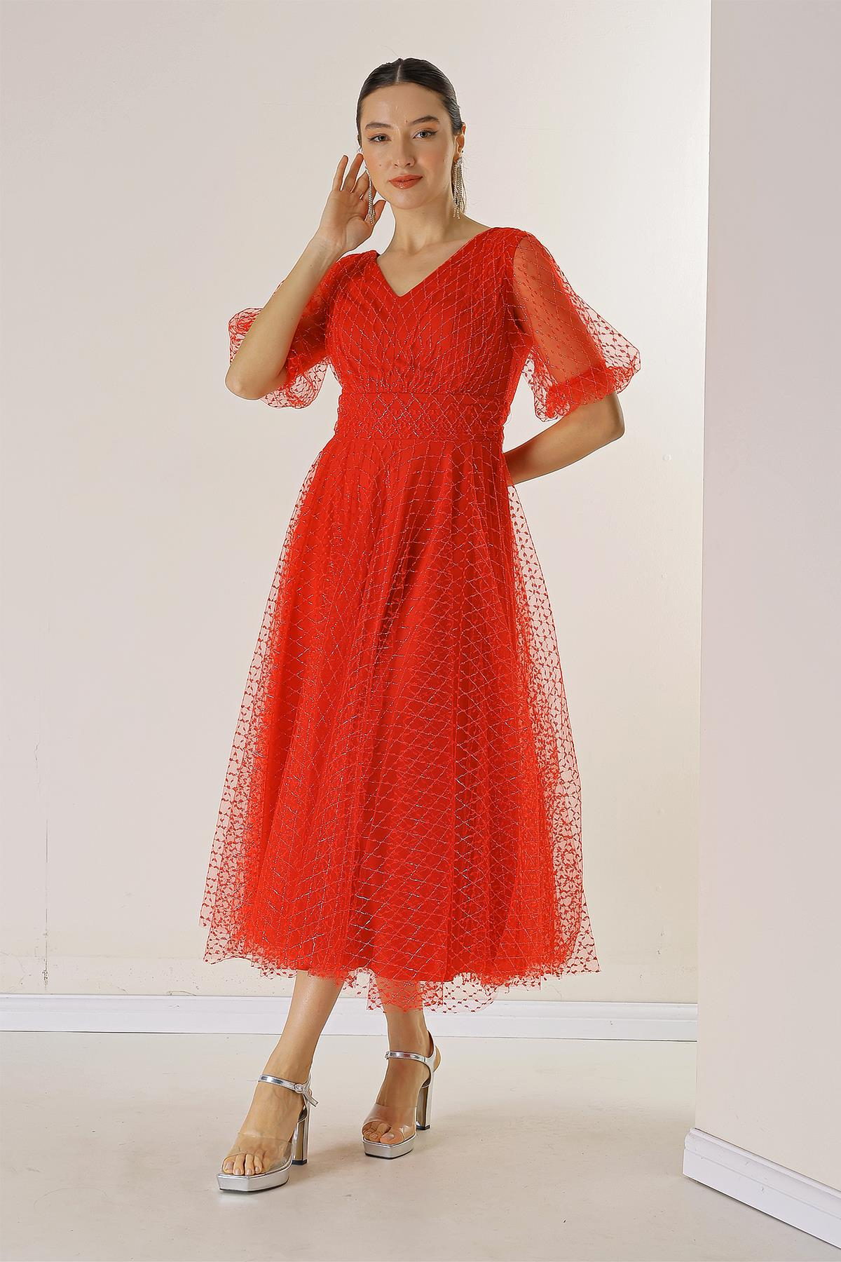 S-23K0230063Front And Rear V-Neck Short Balloon Sleeves Lined With Silvery Mottled Dahlia Square Fabric Dress