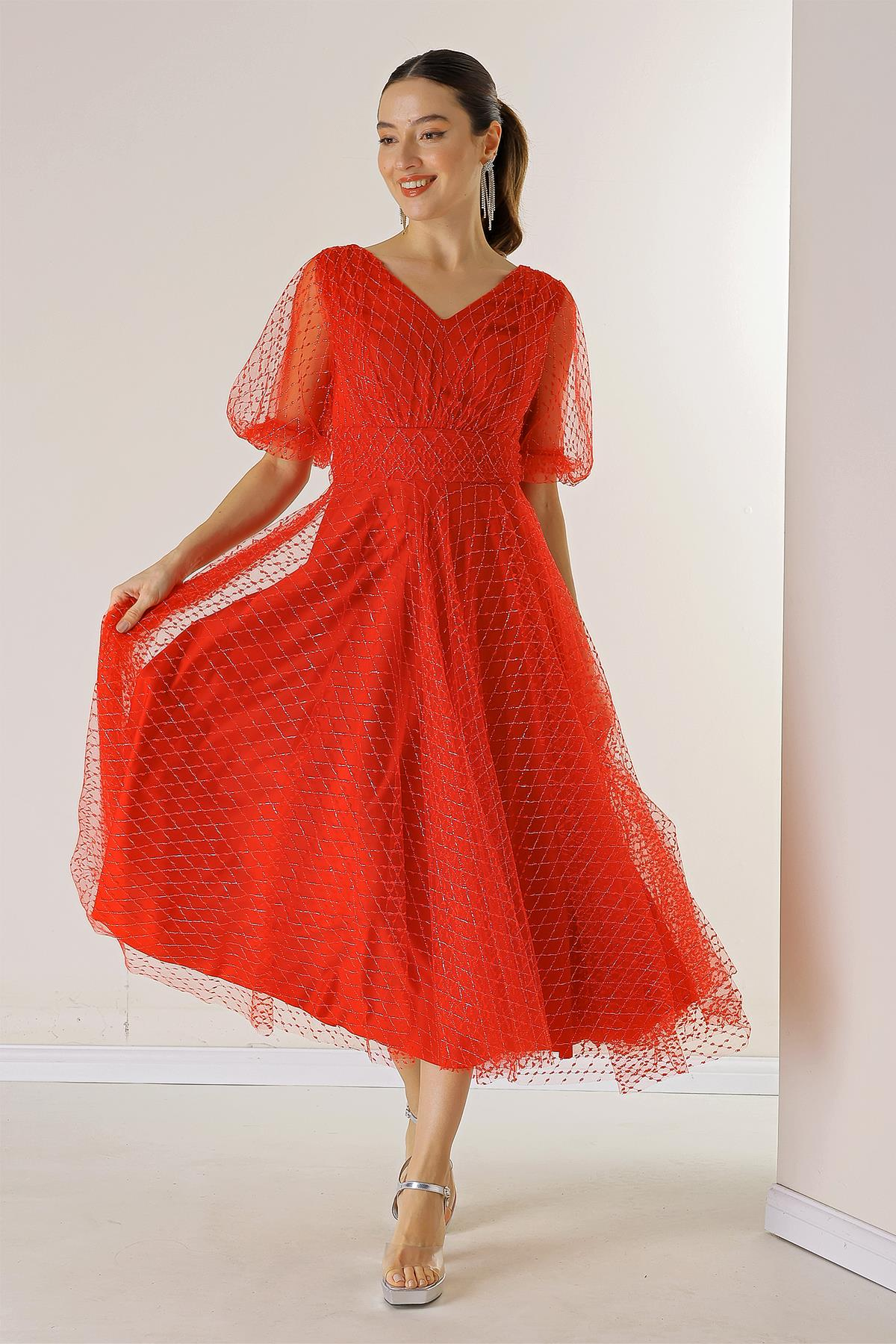 S-23K0230063Front And Rear V-Neck Short Balloon Sleeves Lined With Silvery Mottled Dahlia Square Fabric Dress