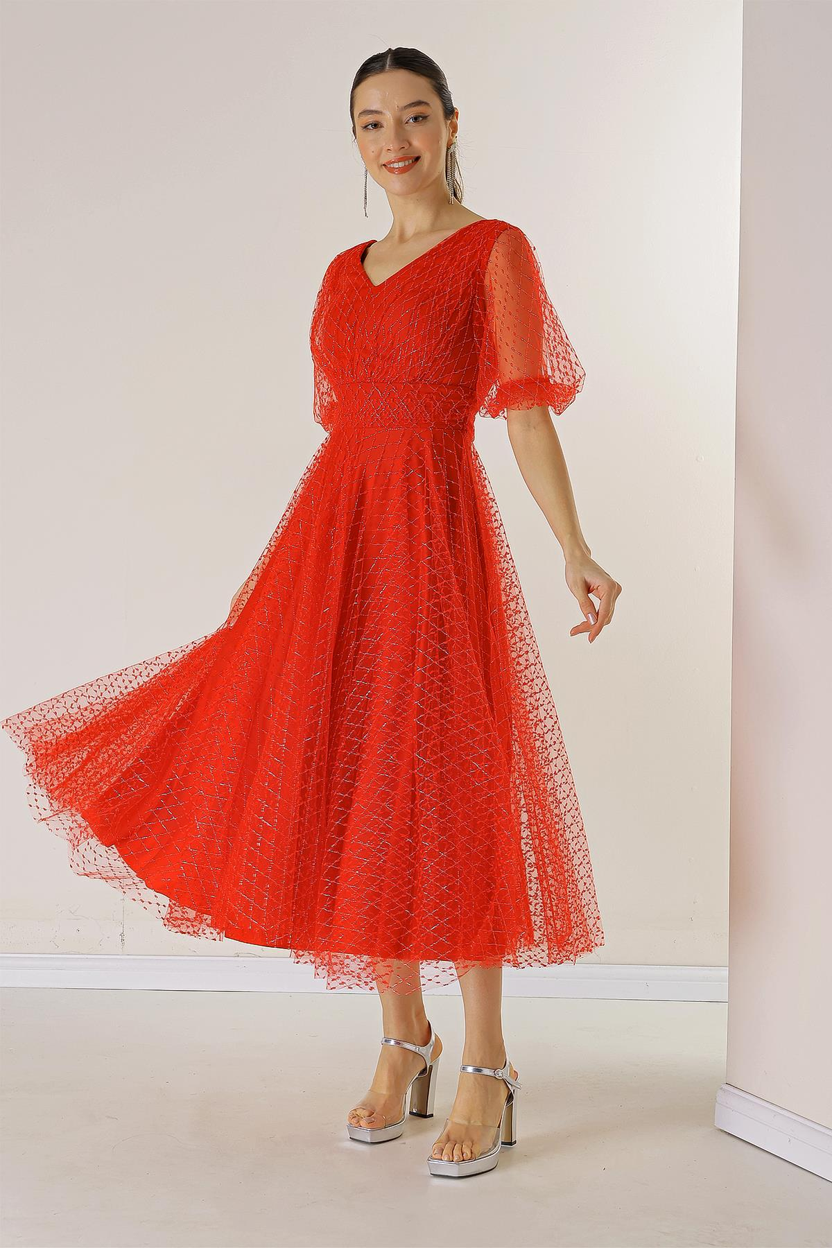 S-23K0230063Front And Rear V-Neck Short Balloon Sleeves Lined With Silvery Mottled Dahlia Square Fabric Dress