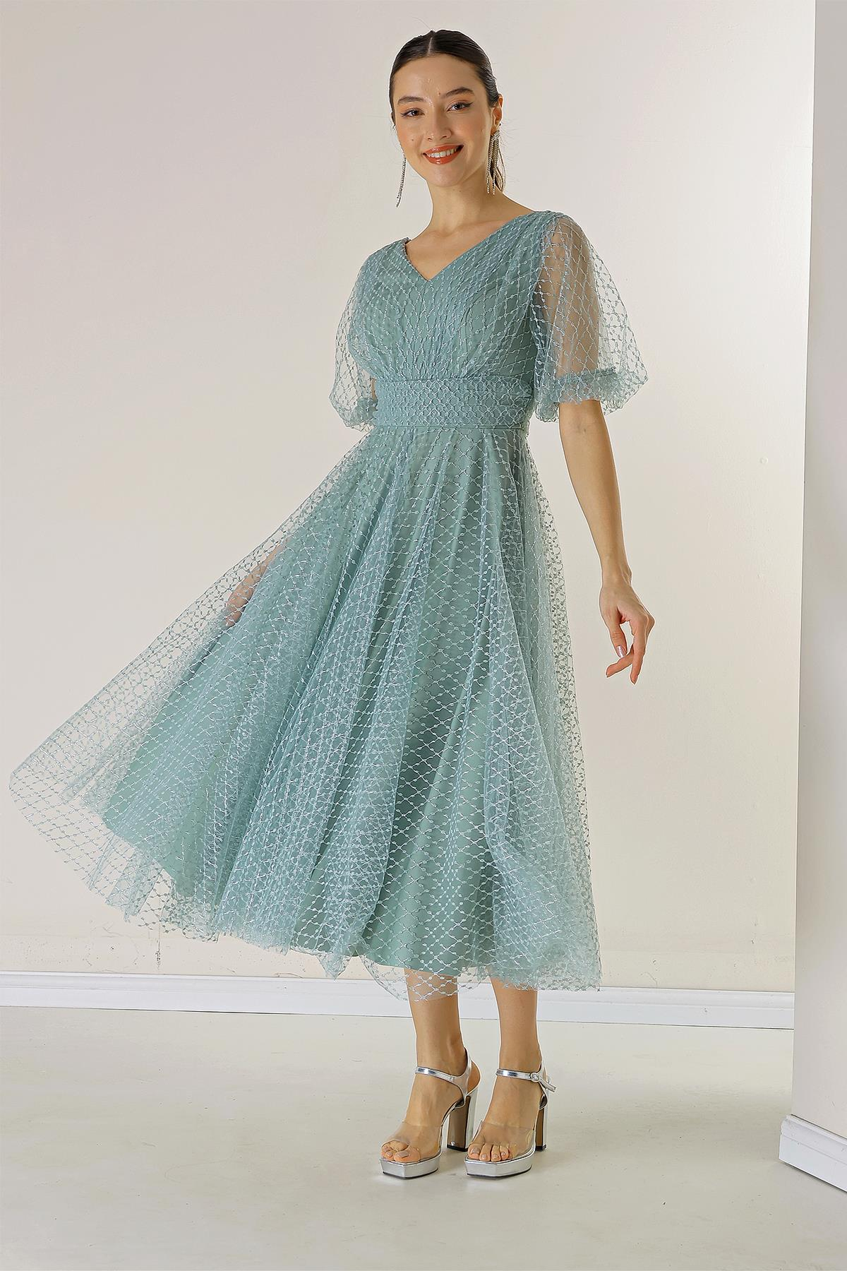 S-23K0230063Front And Rear V-Neck Short Balloon Sleeves Lined With Silvery Mottled Dahlia Square Fabric Dress