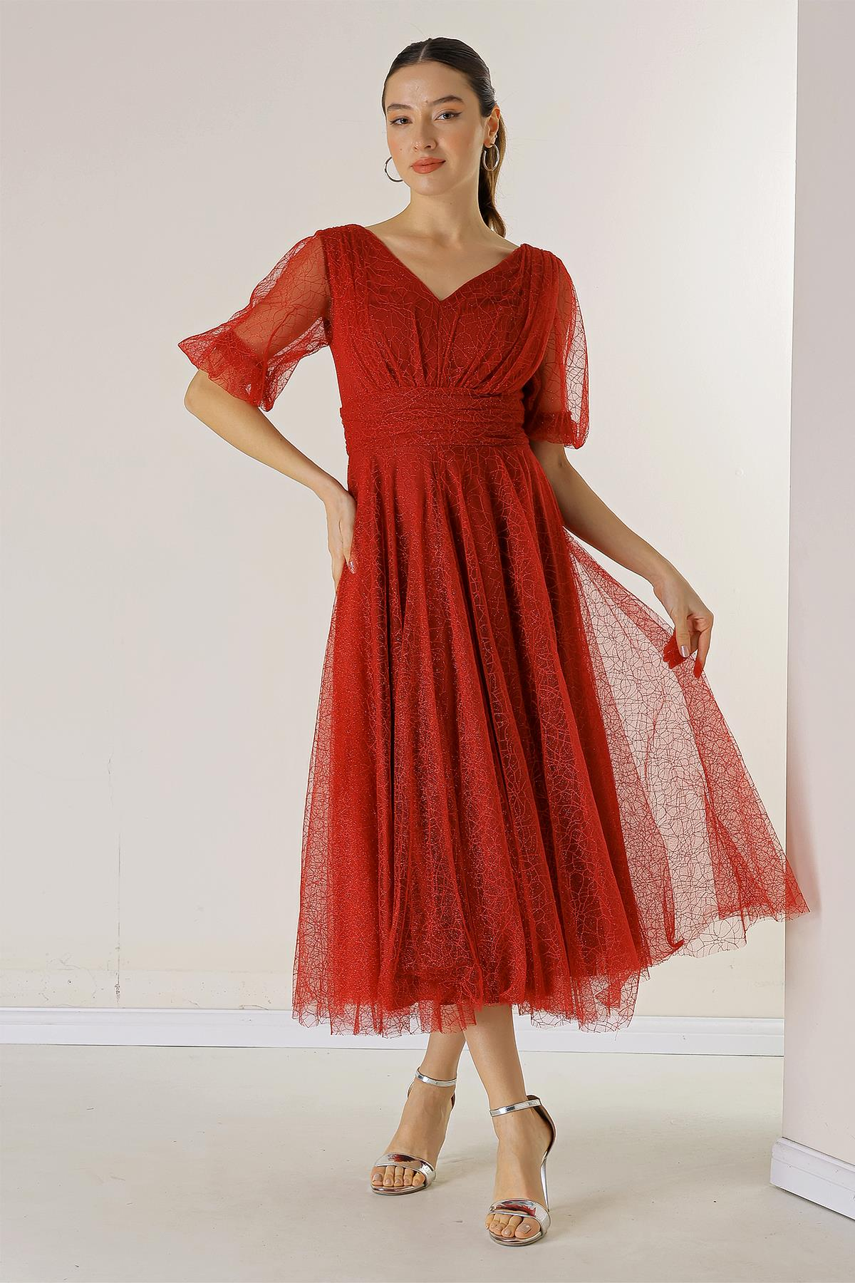 S-23K0230064Front And Rear V-Neck Short Balloon Sleeves Dress Dahlia Fabric Coated With Silvery Spider Pattern