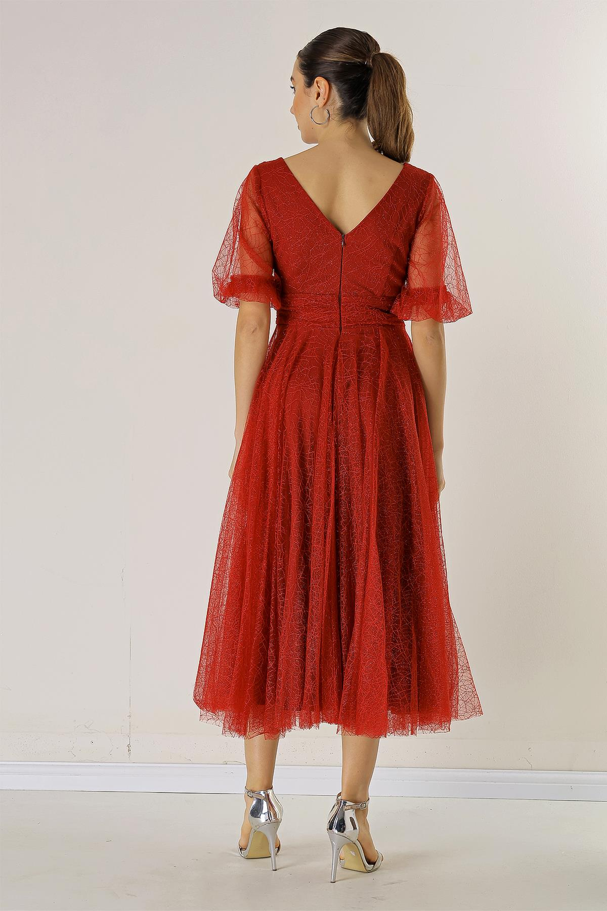 S-23K0230064Front And Rear V-Neck Short Balloon Sleeves Dress Dahlia Fabric Coated With Silvery Spider Pattern