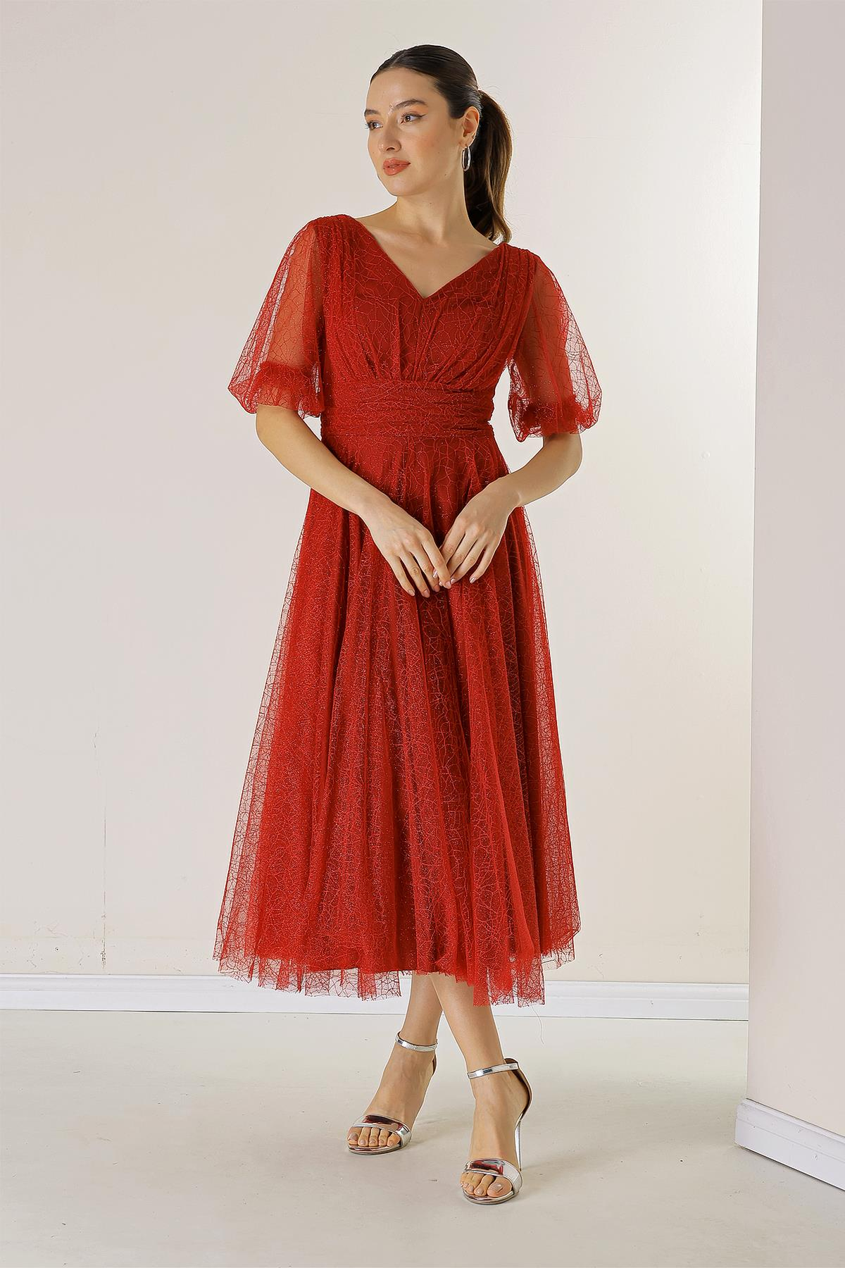 S-23K0230064Front And Rear V-Neck Short Balloon Sleeves Dress Dahlia Fabric Coated With Silvery Spider Pattern