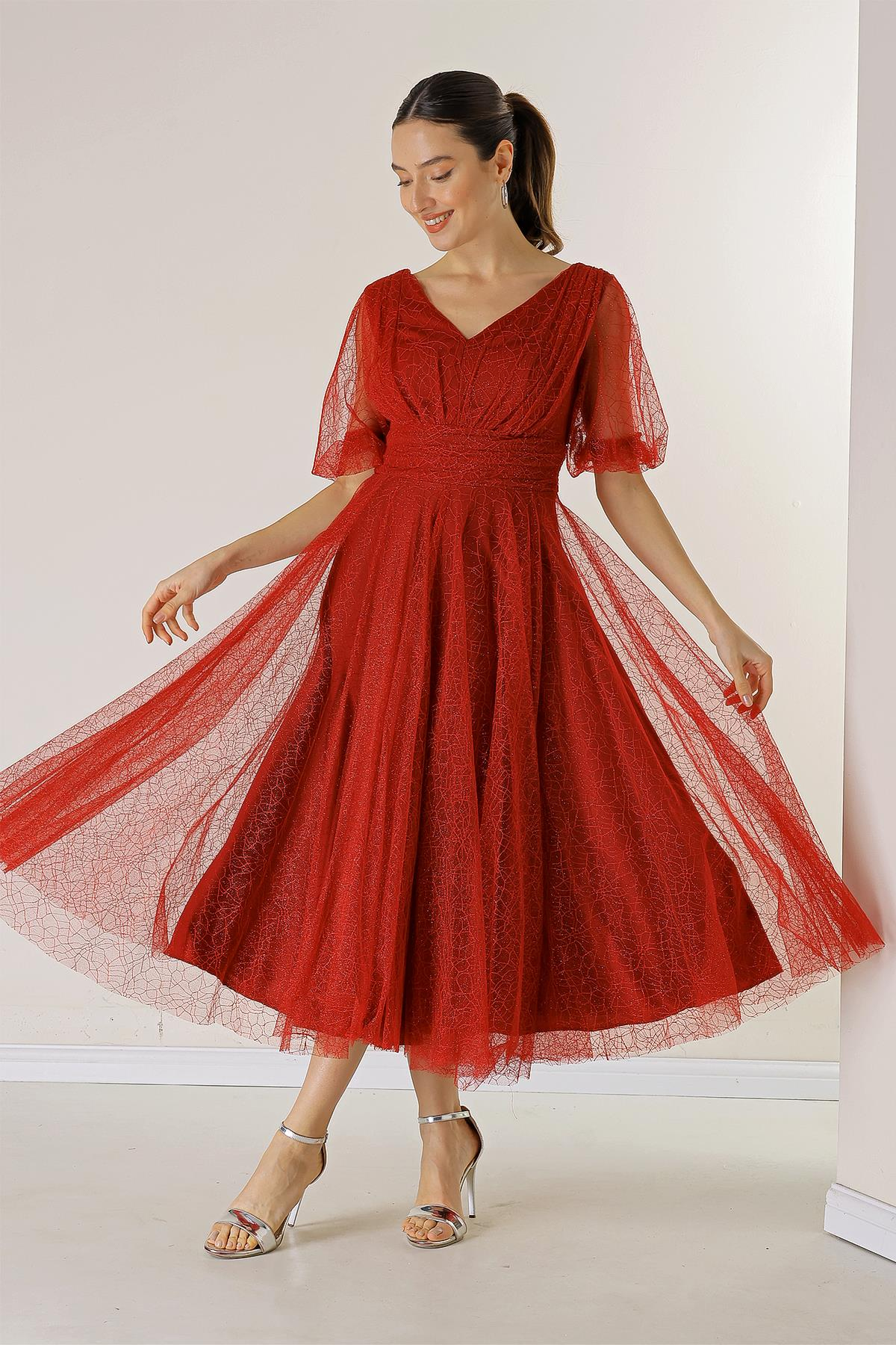 S-23K0230064Front And Rear V-Neck Short Balloon Sleeves Dress Dahlia Fabric Coated With Silvery Spider Pattern