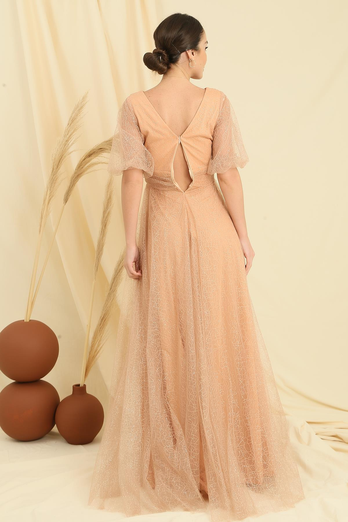 S-23K0230070Front And Rear V-Neck Short-Sleeves Long Dress Pattern With Short Silvery Dahlia Fabric Coated Balloon Spider