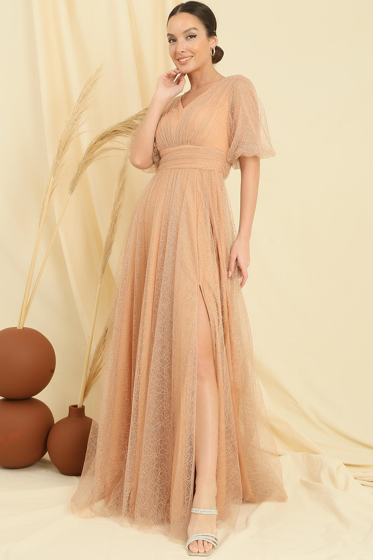 S-23K0230070Front And Rear V-Neck Short-Sleeves Long Dress Pattern With Short Silvery Dahlia Fabric Coated Balloon Spider