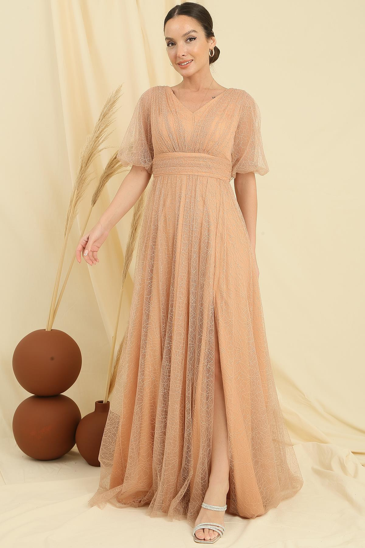 S-23K0230070Front And Rear V-Neck Short-Sleeves Long Dress Pattern With Short Silvery Dahlia Fabric Coated Balloon Spider