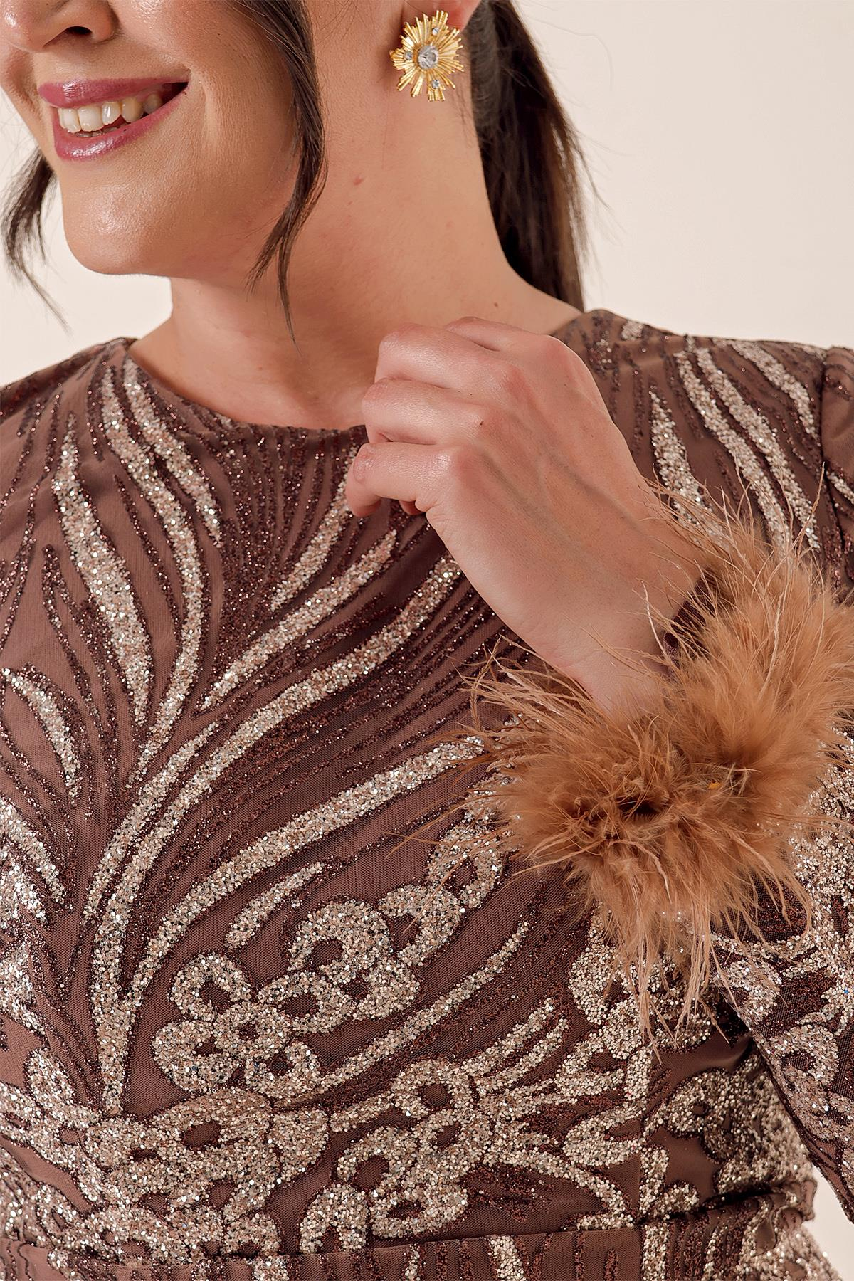 S-23K0490011Plus Size Long Sleeve glitter evening dress with feathered ends are lined up
