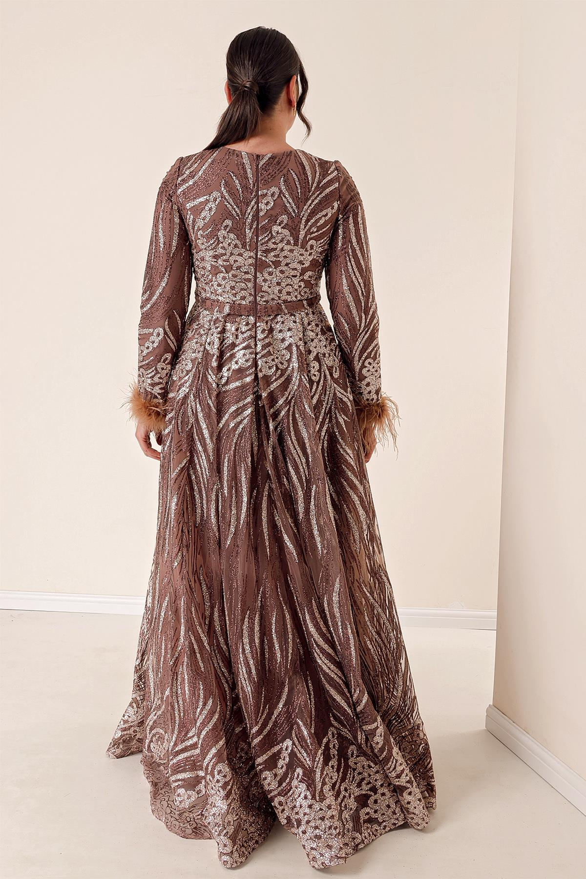 S-23K0490011Plus Size Long Sleeve glitter evening dress with feathered ends are lined up