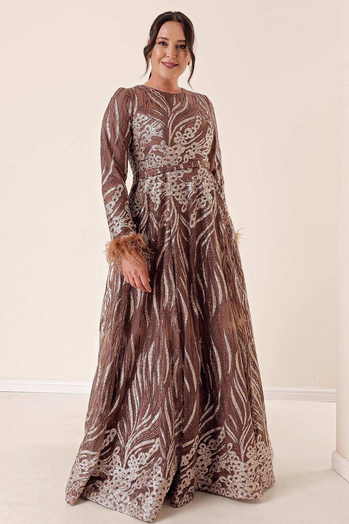 S-23K0490011Plus Size Long Sleeve glitter evening dress with feathered ends are lined up