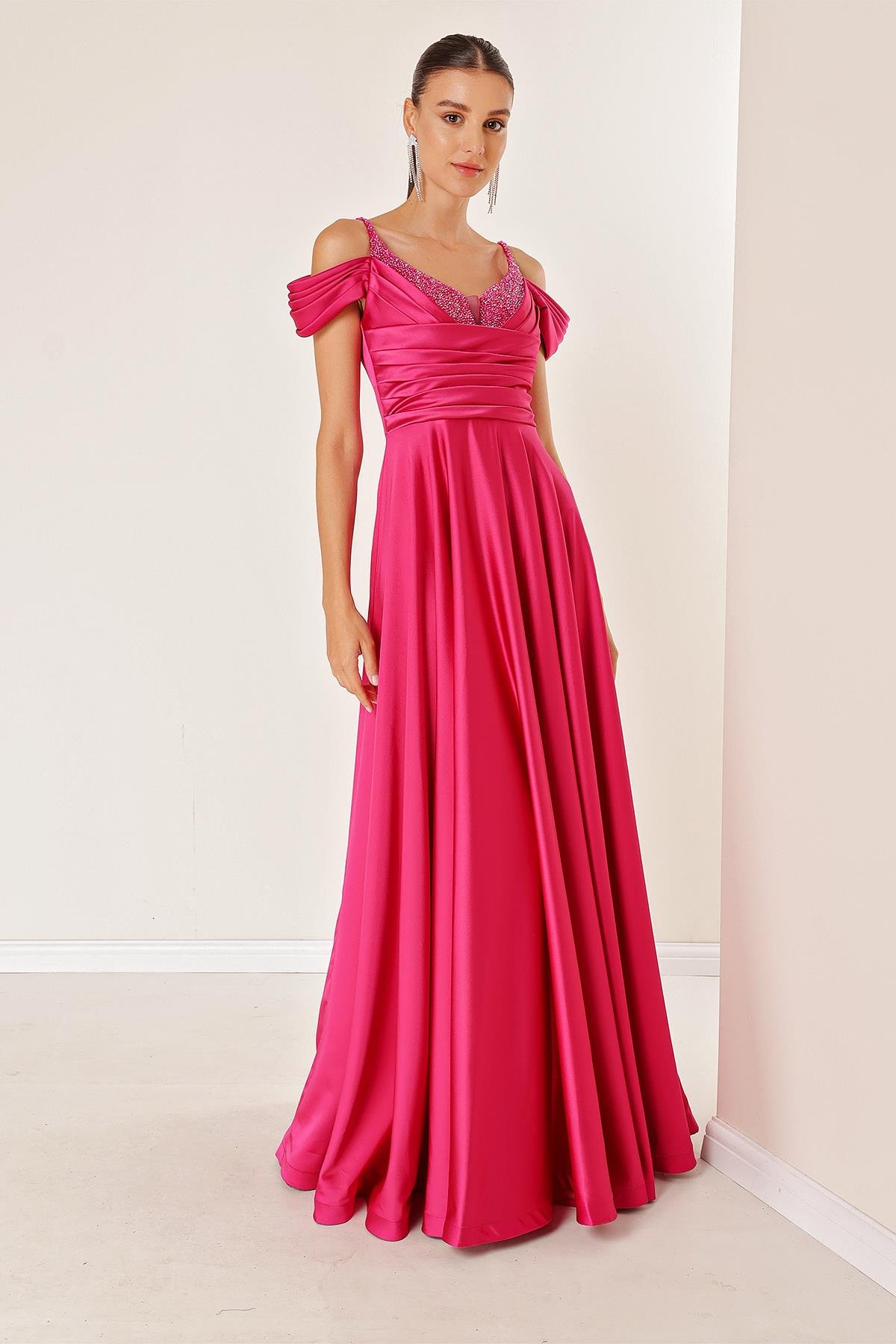 S-23K0490023Buy Evening Dress Long Sleeve Black Draped Spaghetti Strap Detailed Front Lined With A Low Stone