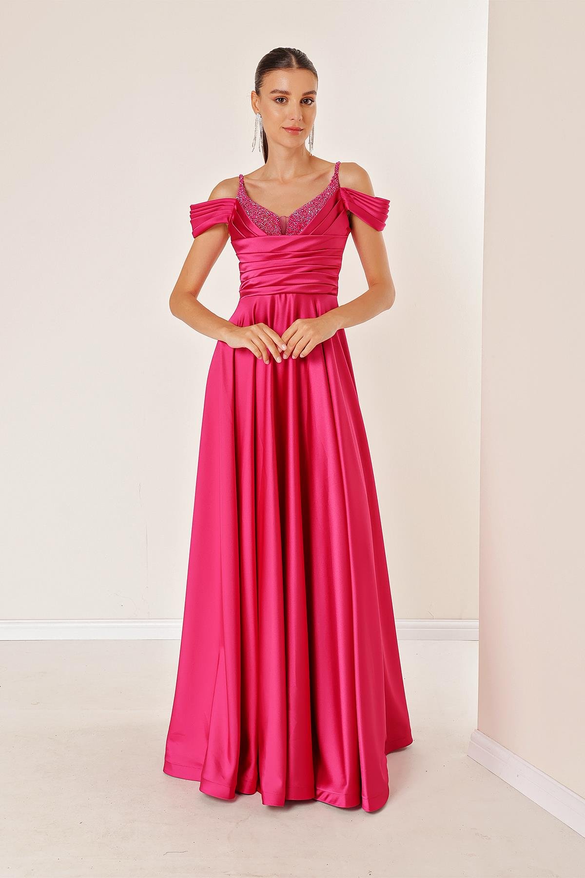 S-23K0490023Buy Evening Dress Long Sleeve Black Draped Spaghetti Strap Detailed Front Lined With A Low Stone