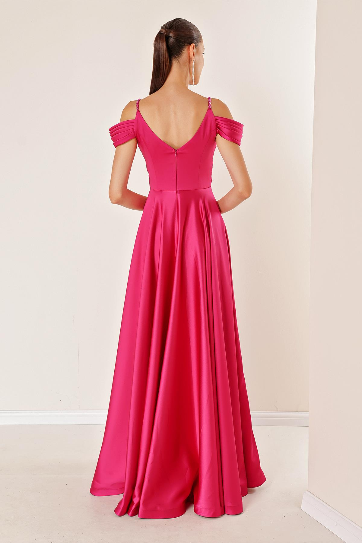 S-23K0490023Buy Evening Dress Long Sleeve Black Draped Spaghetti Strap Detailed Front Lined With A Low Stone