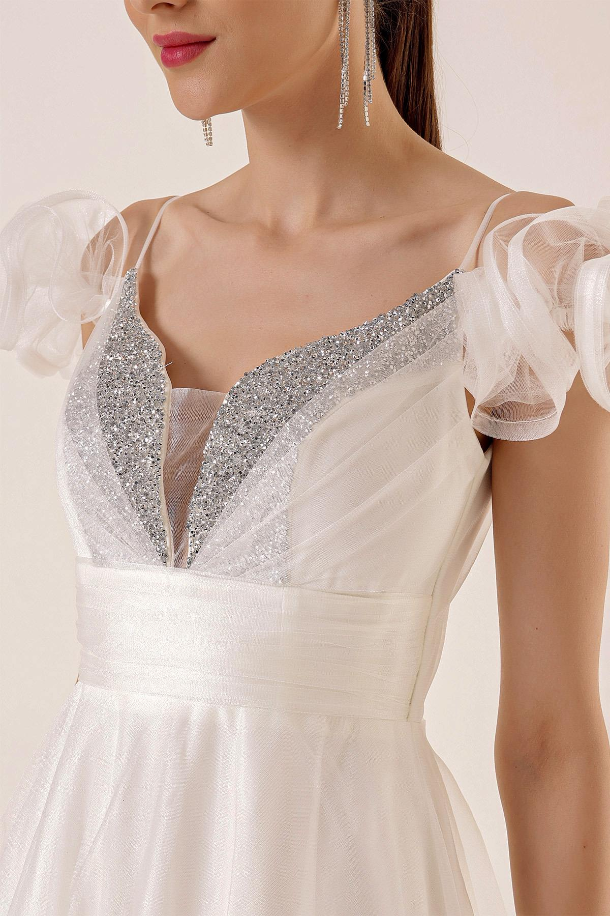 S-23K0490026Ön Arka V Yaka İp Askılı Düşük Kollu Önü Taş Detaylı Astarlı Uzun Tül Elbise