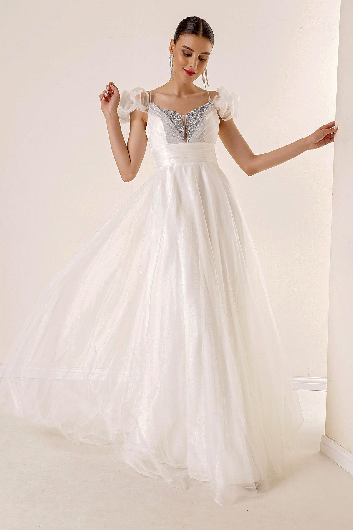 S-23K0490026Ön Arka V Yaka İp Askılı Düşük Kollu Önü Taş Detaylı Astarlı Uzun Tül Elbise