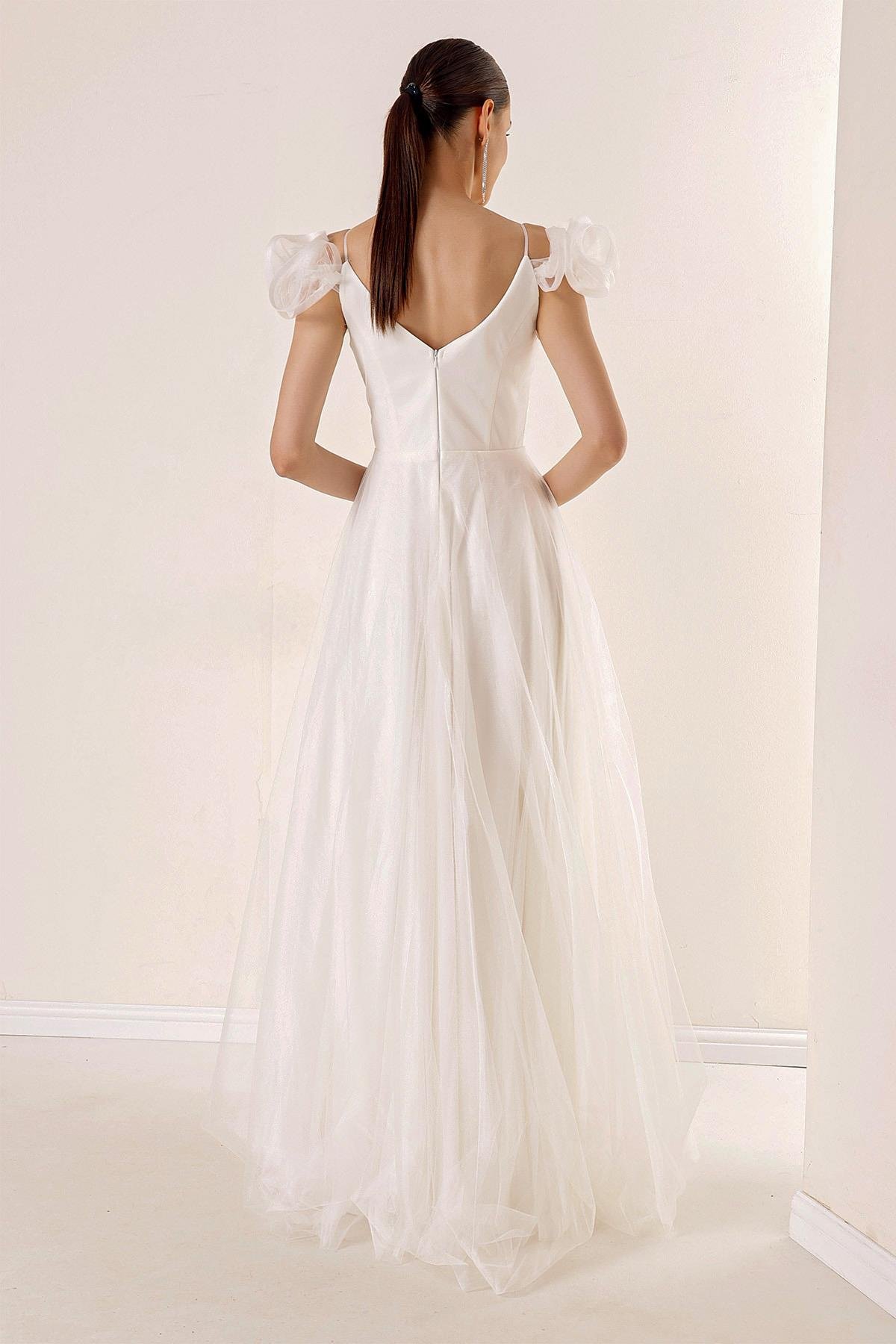 S-23K0490026Ön Arka V Yaka İp Askılı Düşük Kollu Önü Taş Detaylı Astarlı Uzun Tül Elbise