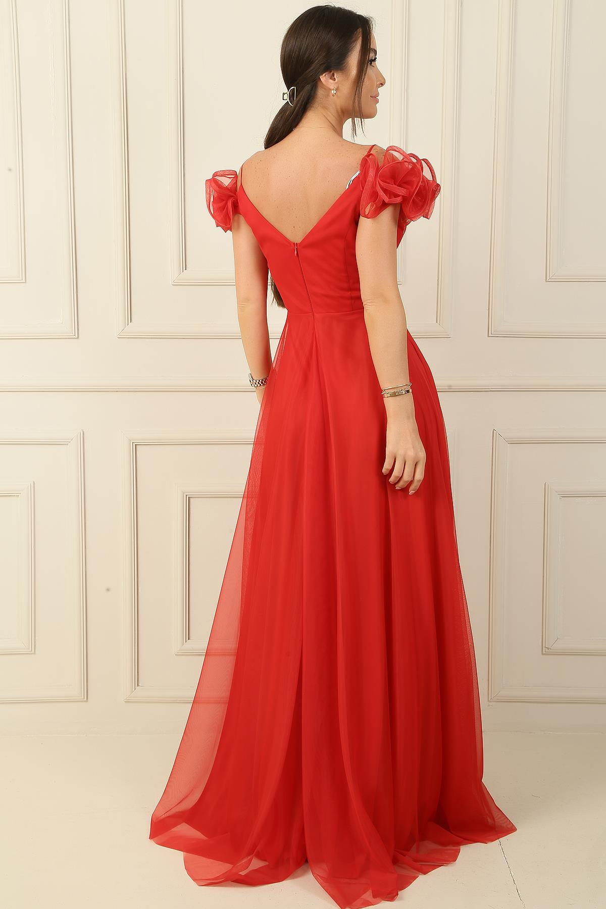 S-23K0490028Ön Arka V Yaka İp Askılı Kısa Kollu Önü Taşlı Astarlı Uzun Tül Elbise