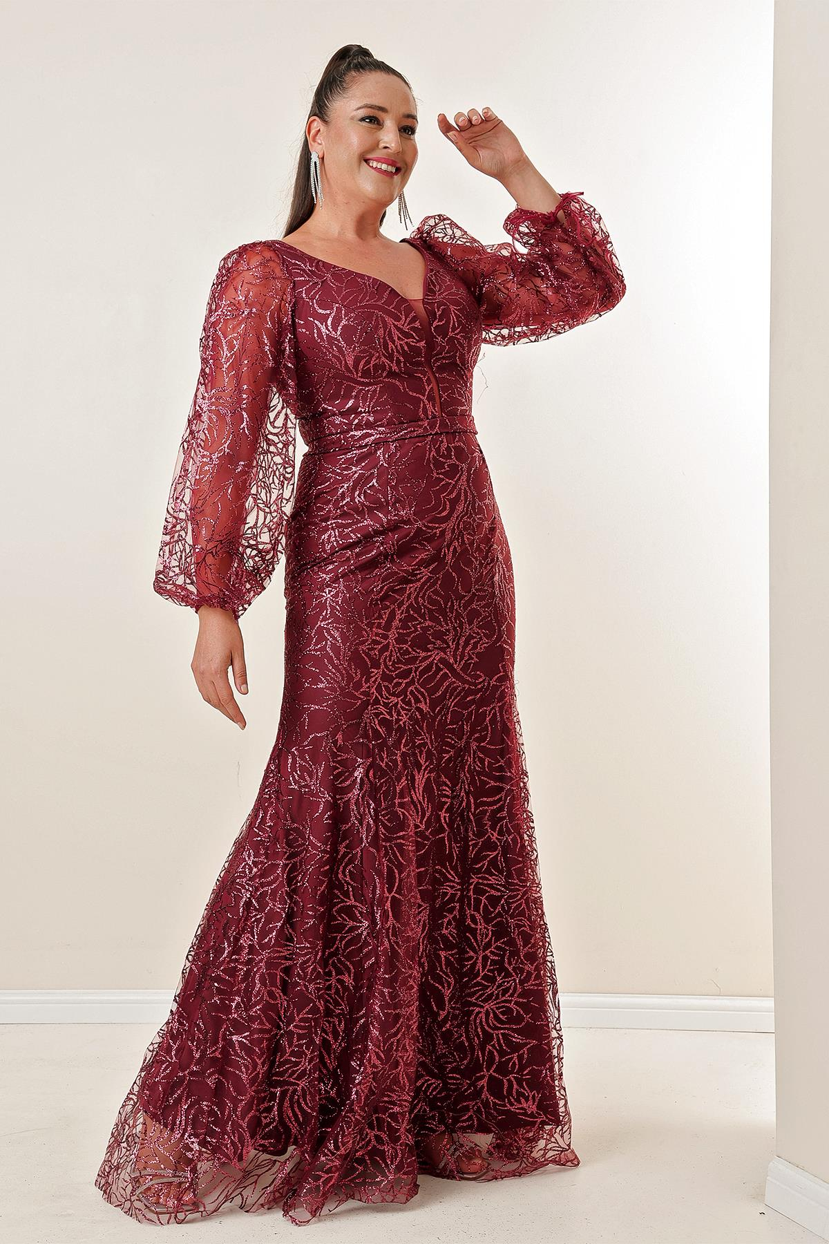 S-23K0490034Front Back V-Neck Sequined Long Dress Plus Size Flock Print
