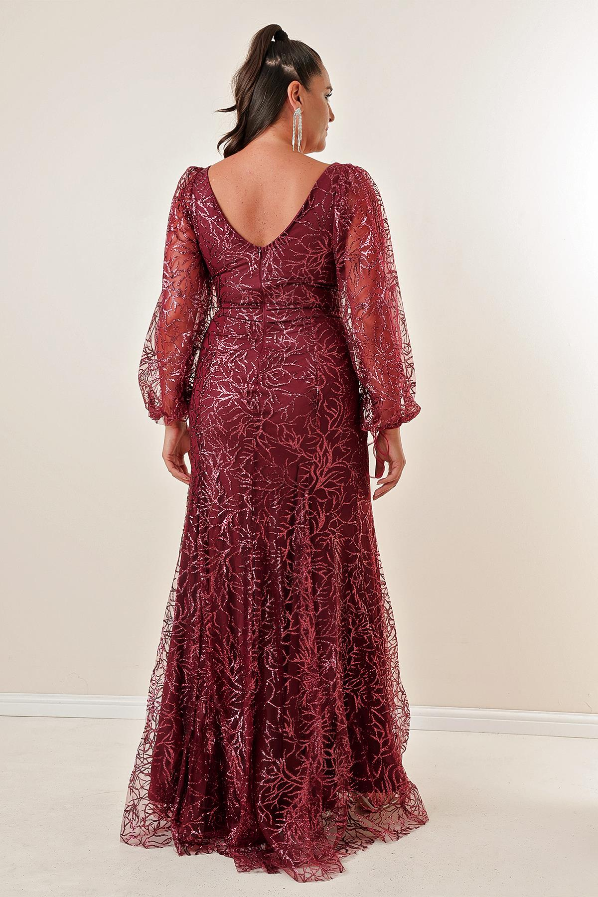 S-23K0490034Front Back V-Neck Sequined Long Dress Plus Size Flock Print