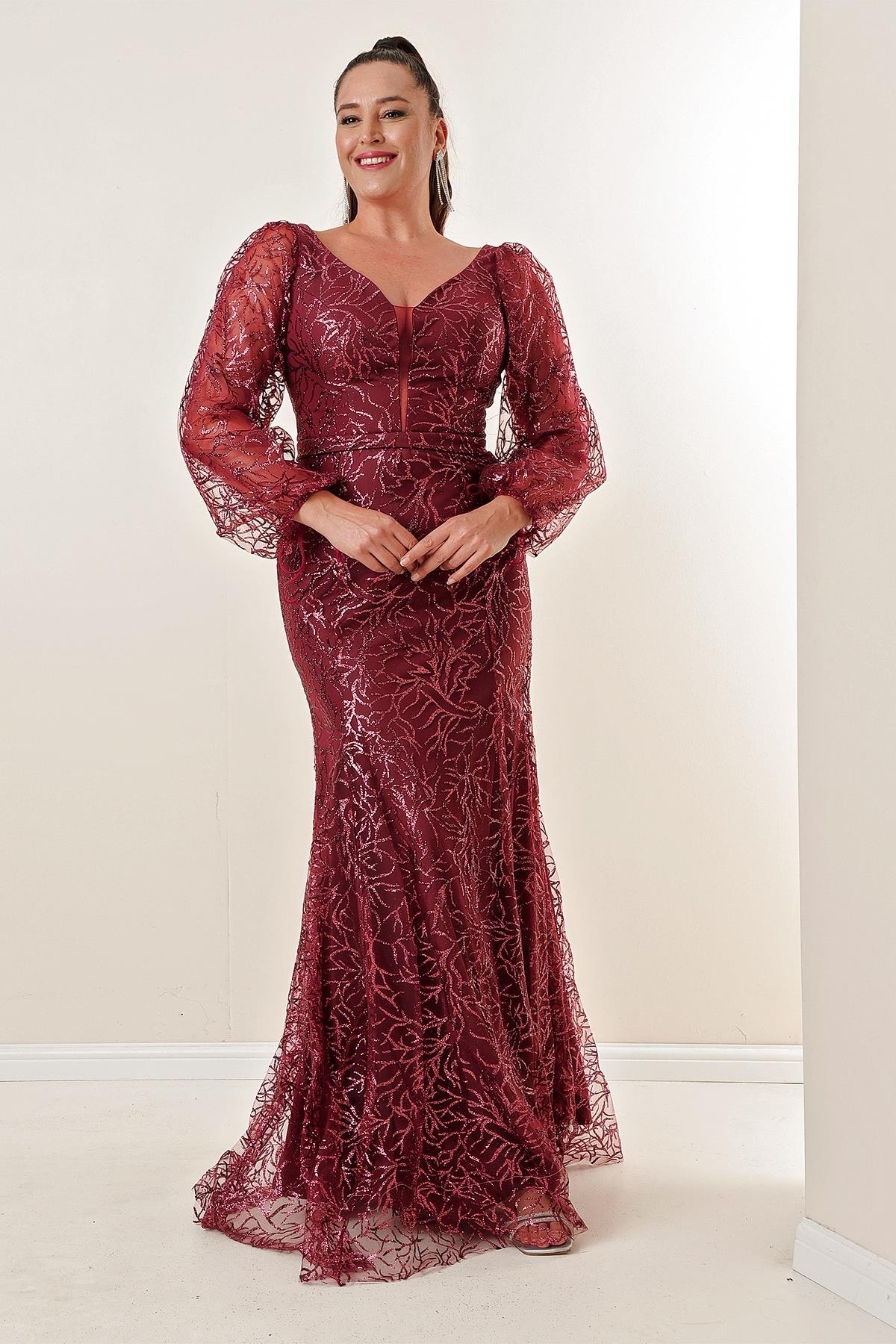 S-23K0490034Front Back V-Neck Sequined Long Dress Plus Size Flock Print