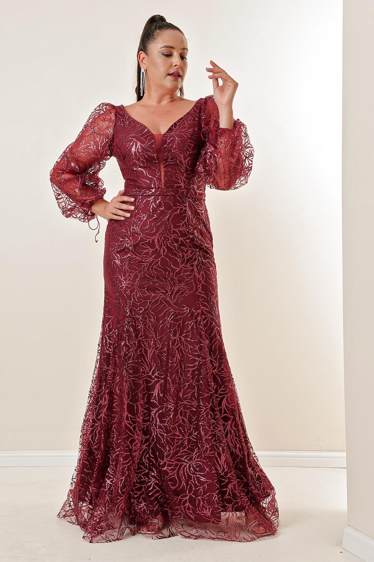S-23K0490034Front Back V-Neck Sequined Long Dress Plus Size Flock Print