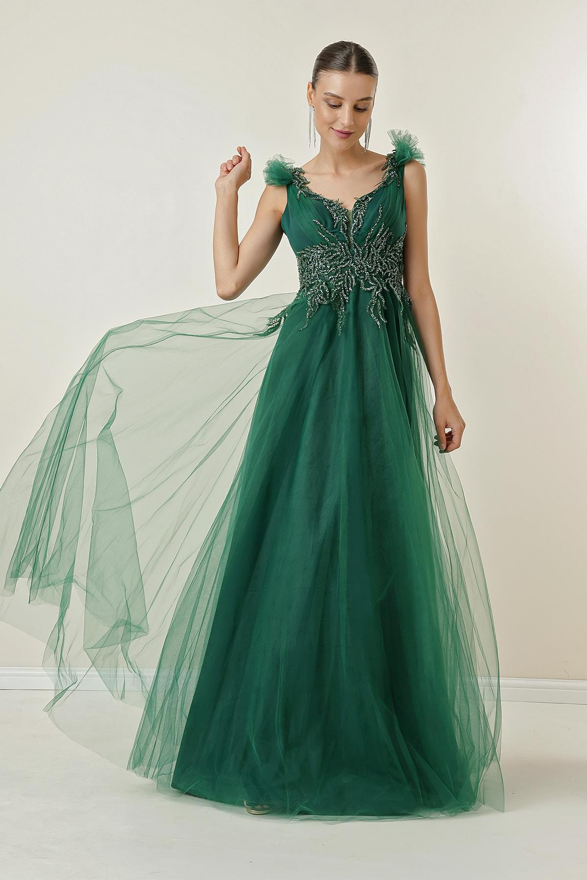 S-23K0490036Arkası Bağlamalı Boncuk İşlemeli Astarlı Tül Uzun Elbise