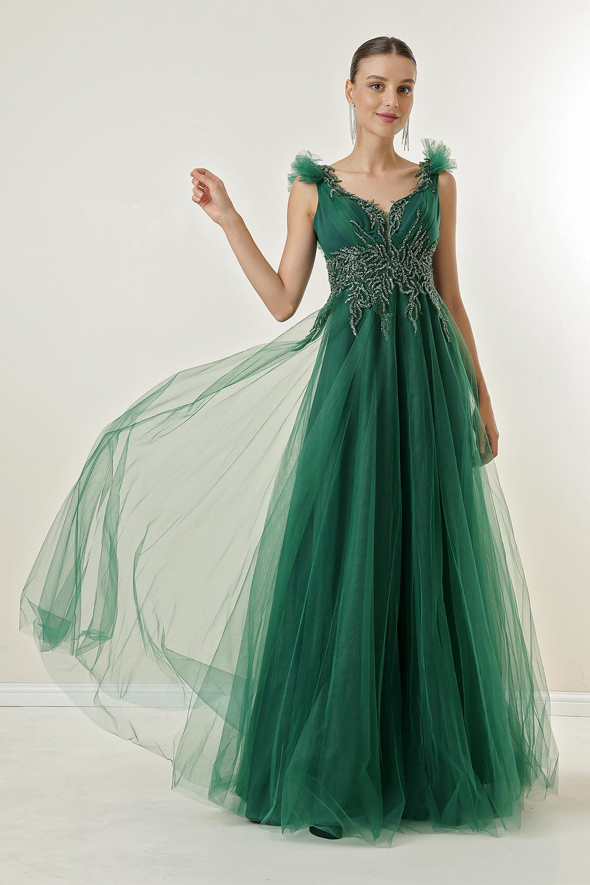 S-23K0490036Arkası Bağlamalı Boncuk İşlemeli Astarlı Tül Uzun Elbise