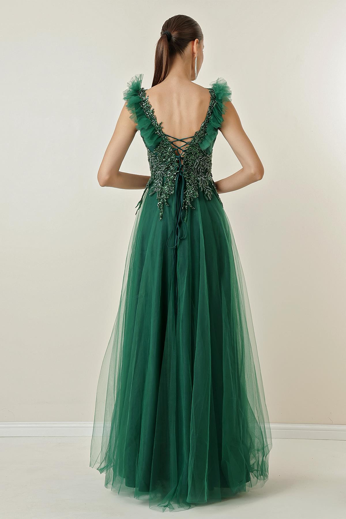 S-23K0490036Arkası Bağlamalı Boncuk İşlemeli Astarlı Tül Uzun Elbise