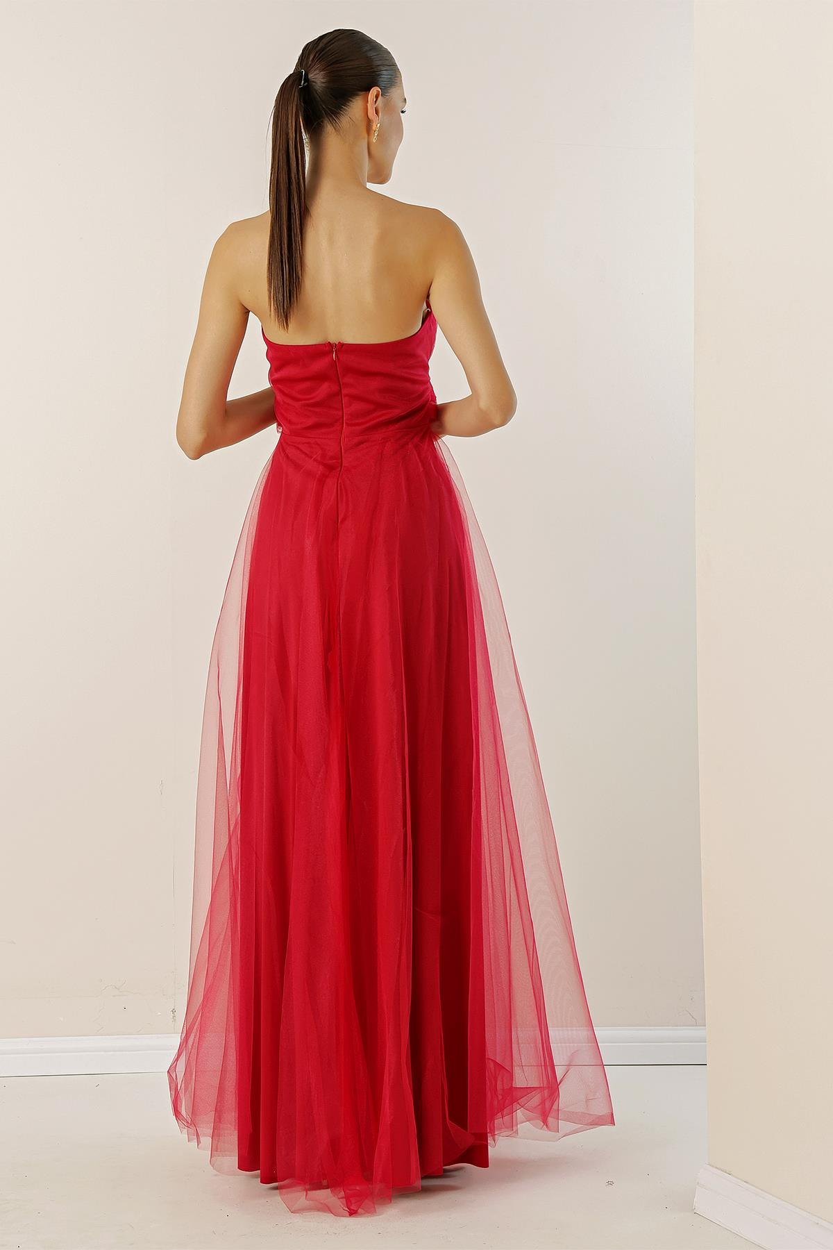 S-23K0490039Straplez Beli Tokalı Önü Drapeli Astarlı Uzun Tül Elbise