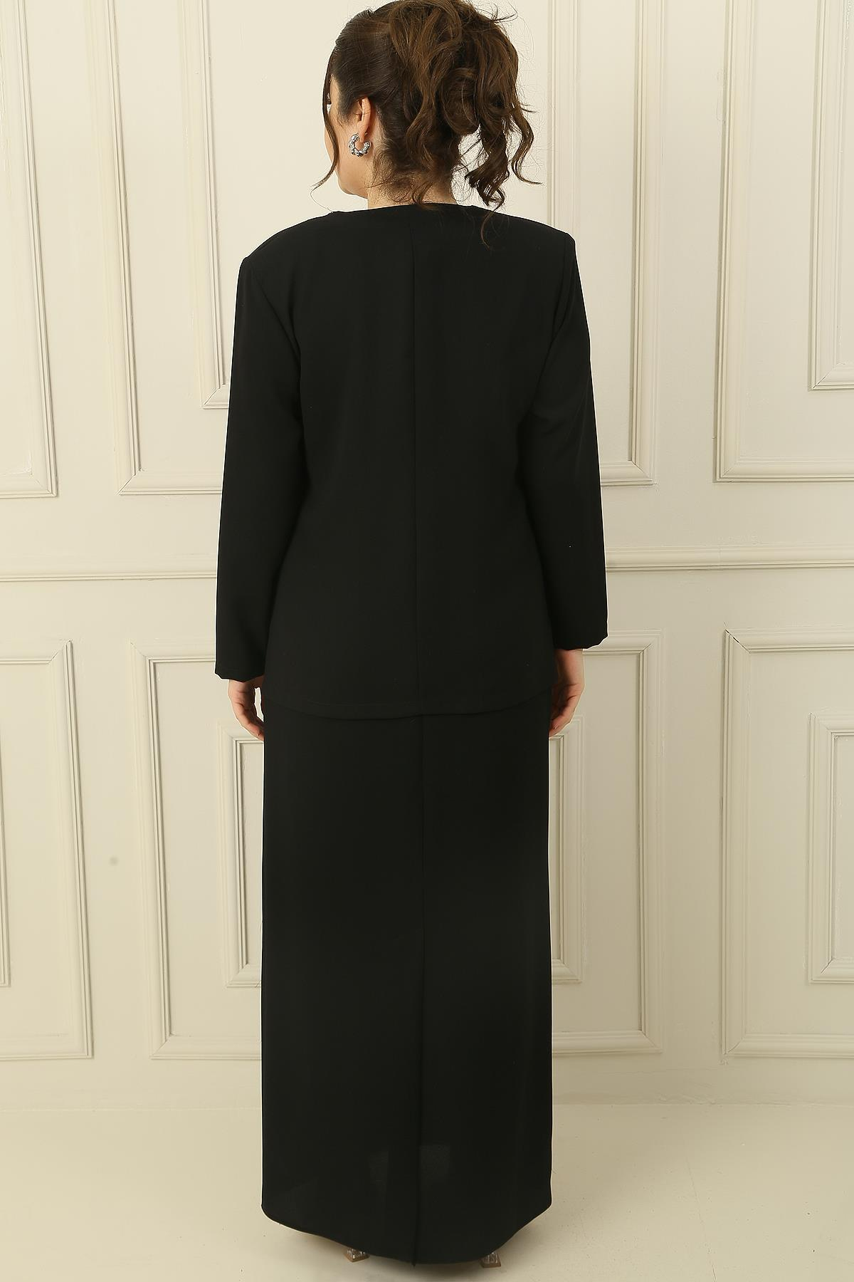 S-23K0520023Kolsuz Astarlı Uzun Elbise Önü Varaklı Pullu Ceket Büyük Beden Krep 2'li Takım