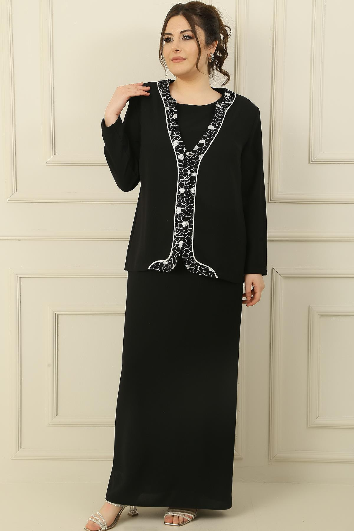 S-23K0520023Kolsuz Astarlı Uzun Elbise Önü Varaklı Pullu Ceket Büyük Beden Krep 2'li Takım