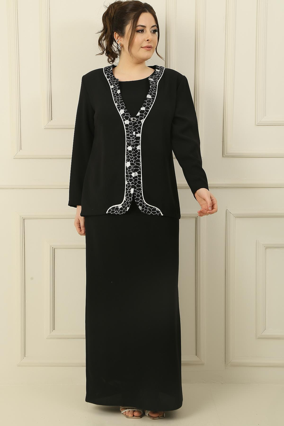 S-23K0520023Kolsuz Astarlı Uzun Elbise Önü Varaklı Pullu Ceket Büyük Beden Krep 2'li Takım