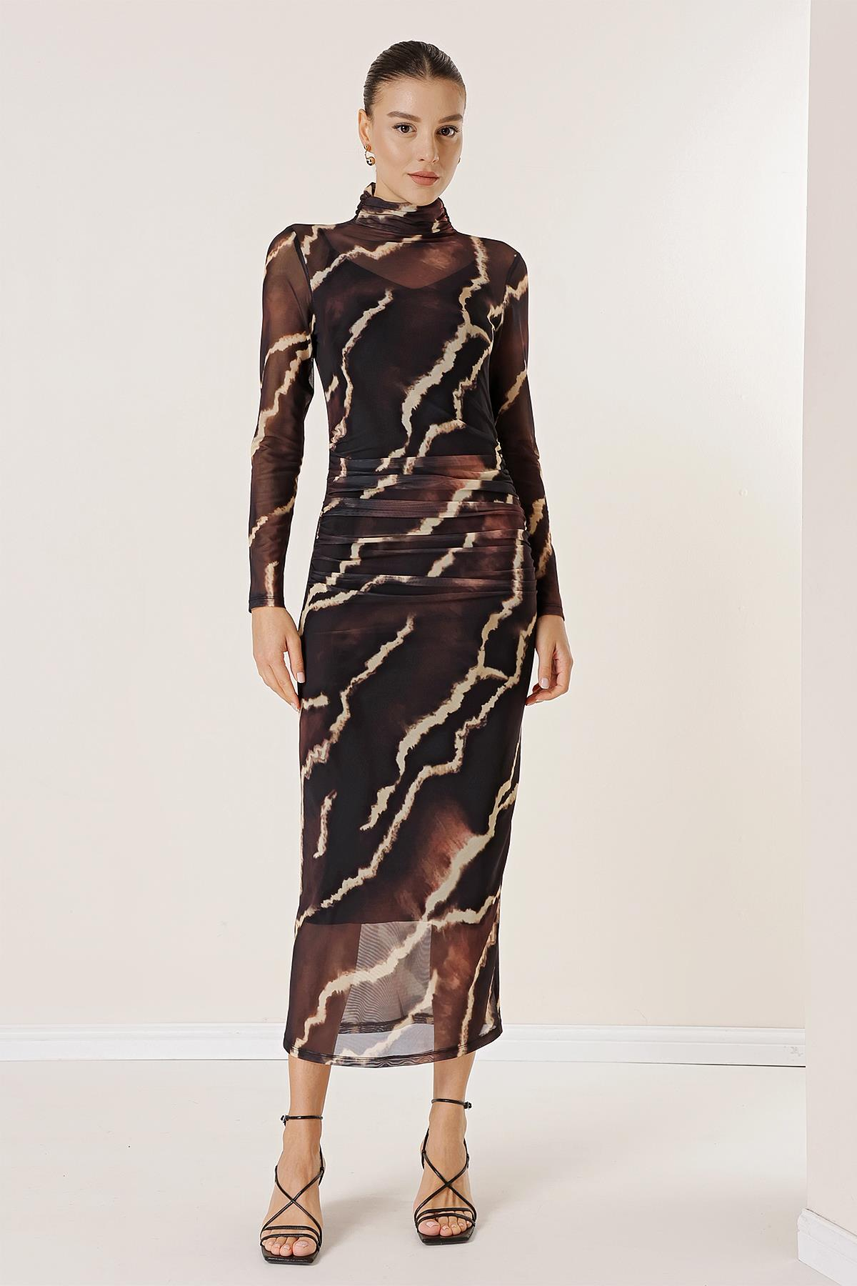 S-23K0840034Önü Büzgülü Astarlı Florence Tül Elbise