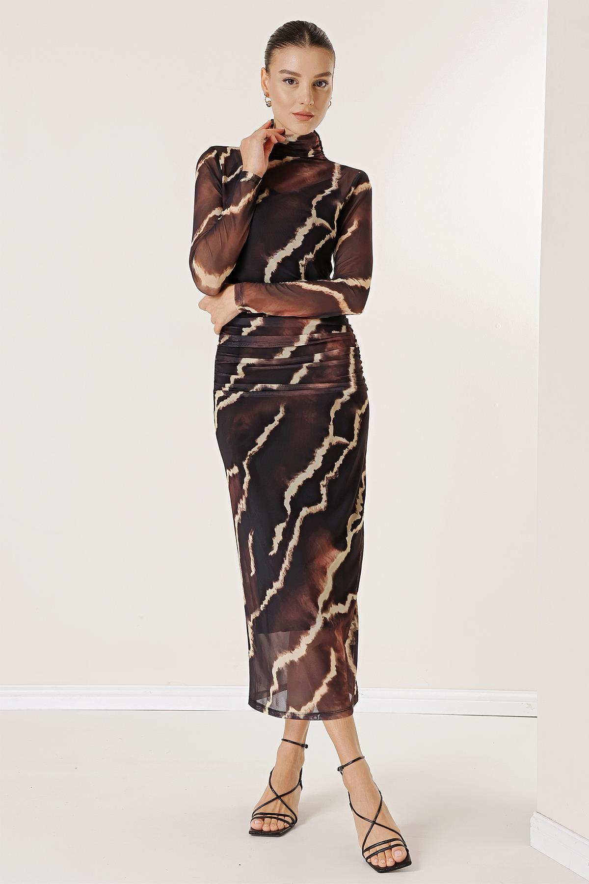 S-23K0840034Önü Büzgülü Astarlı Florence Tül Elbise