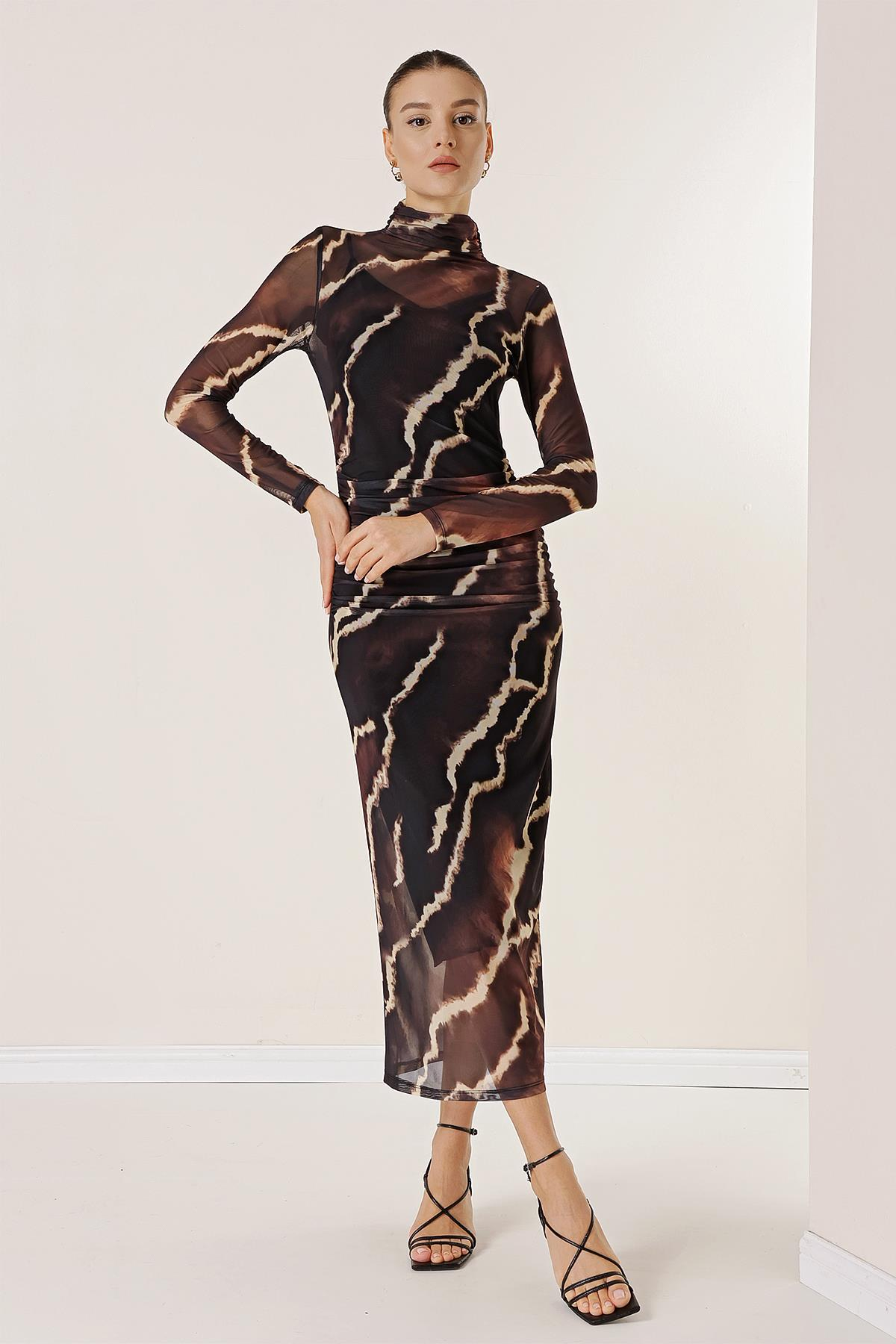 S-23K0840034Önü Büzgülü Astarlı Florence Tül Elbise