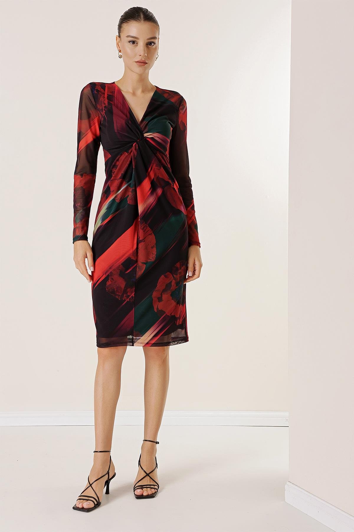 S-23K0840037Patterned Dress with Knot Front detail and Tulle Lined