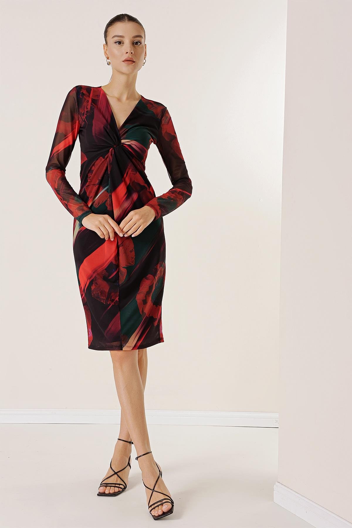 S-23K0840037Patterned Dress with Knot Front detail and Tulle Lined